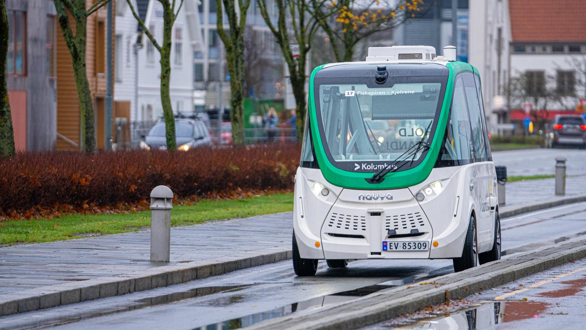 A photo of an autonomous self-driving bus on the road in Stavanger