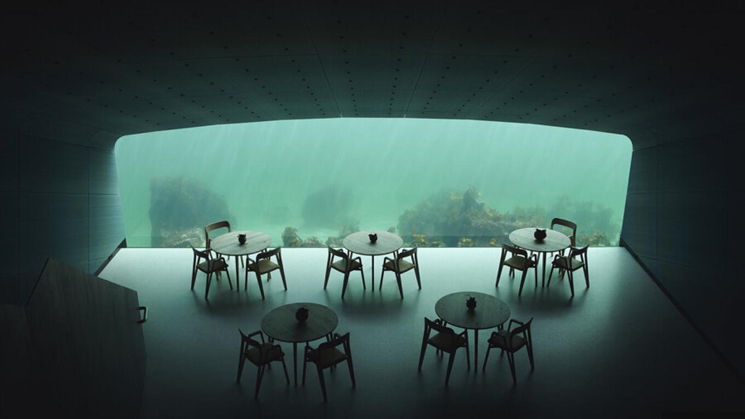 Window inside restaurant showing ocean floor