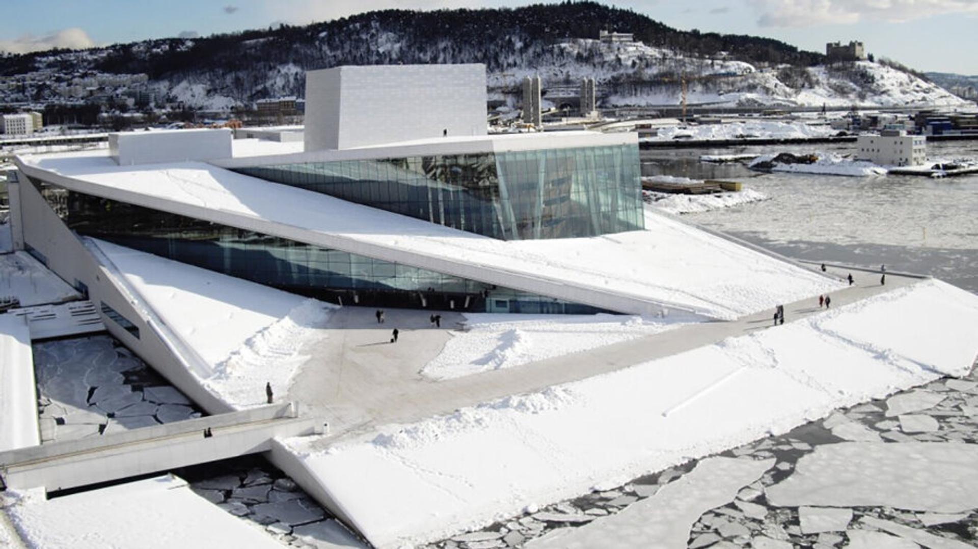 Oslo opera house covered in snow