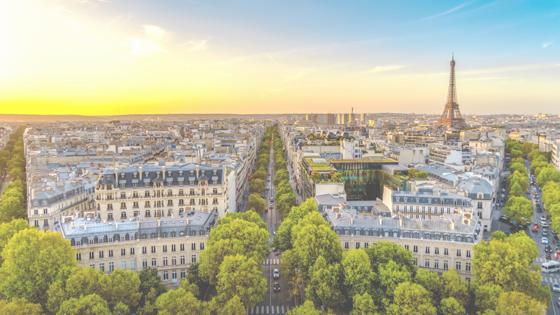 Aerial view of Paris buildings and the Eiffel Tower