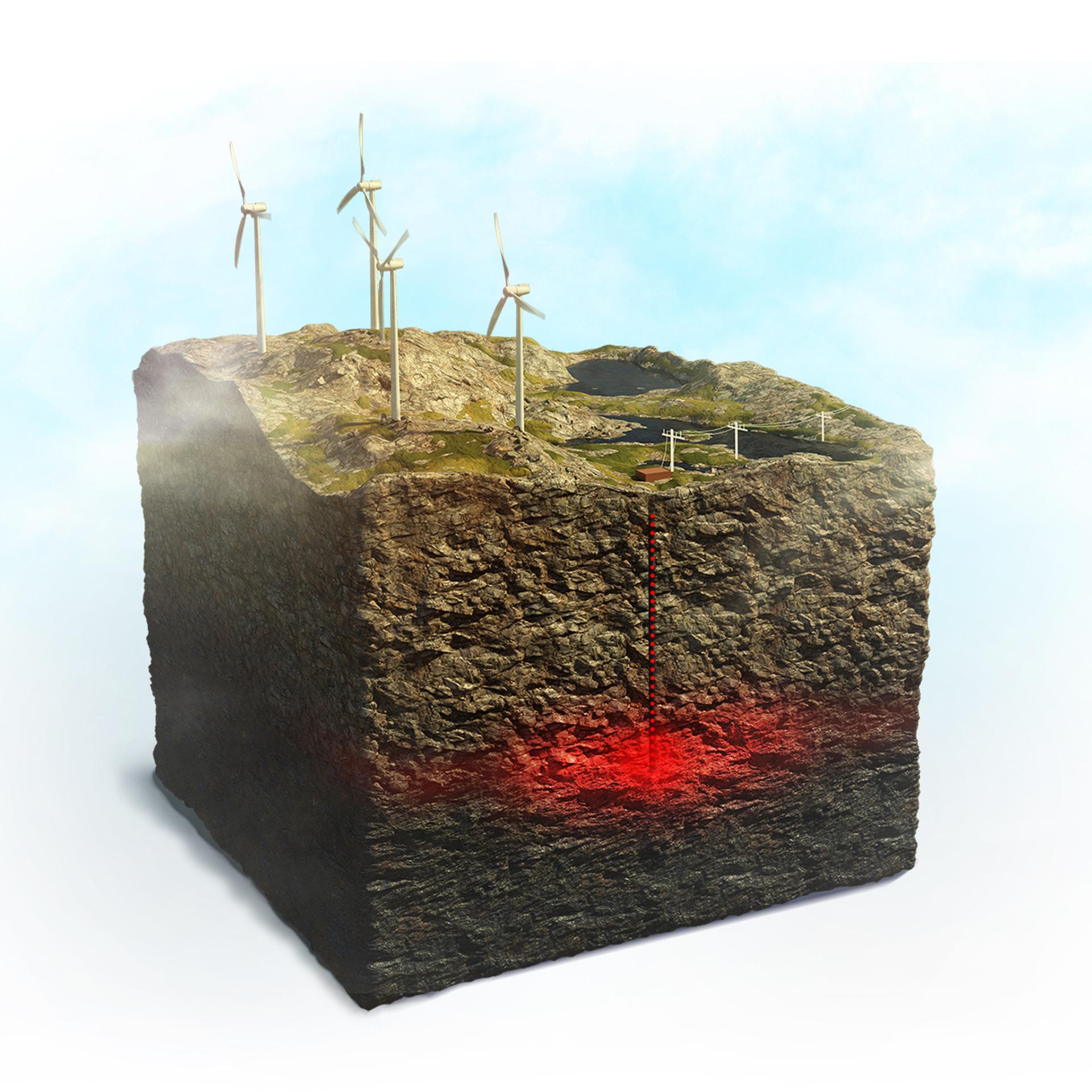 Illustration of underground energy storage from wind turbines