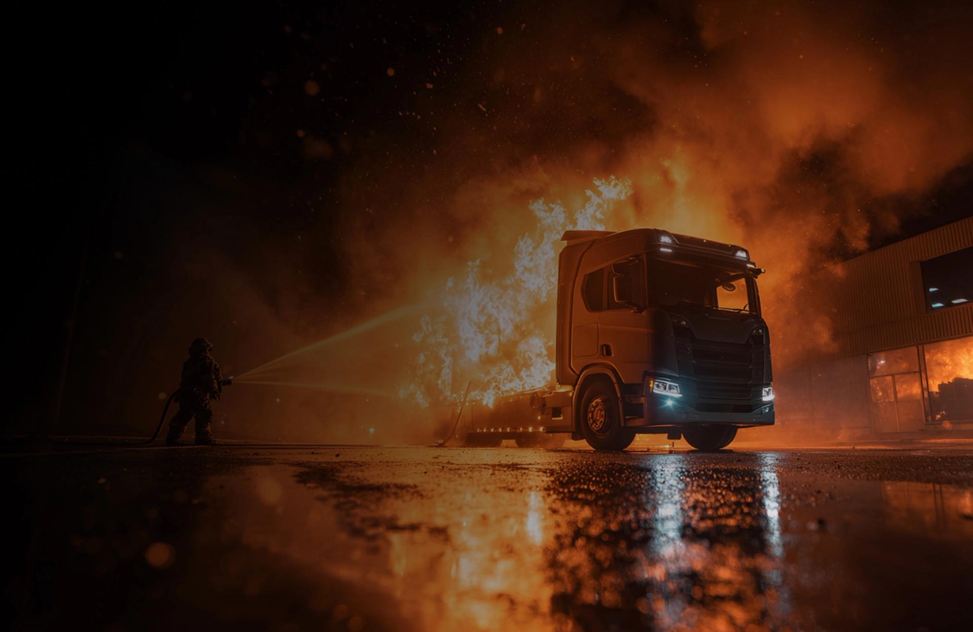 Cab of an electric tractor trailer on fire