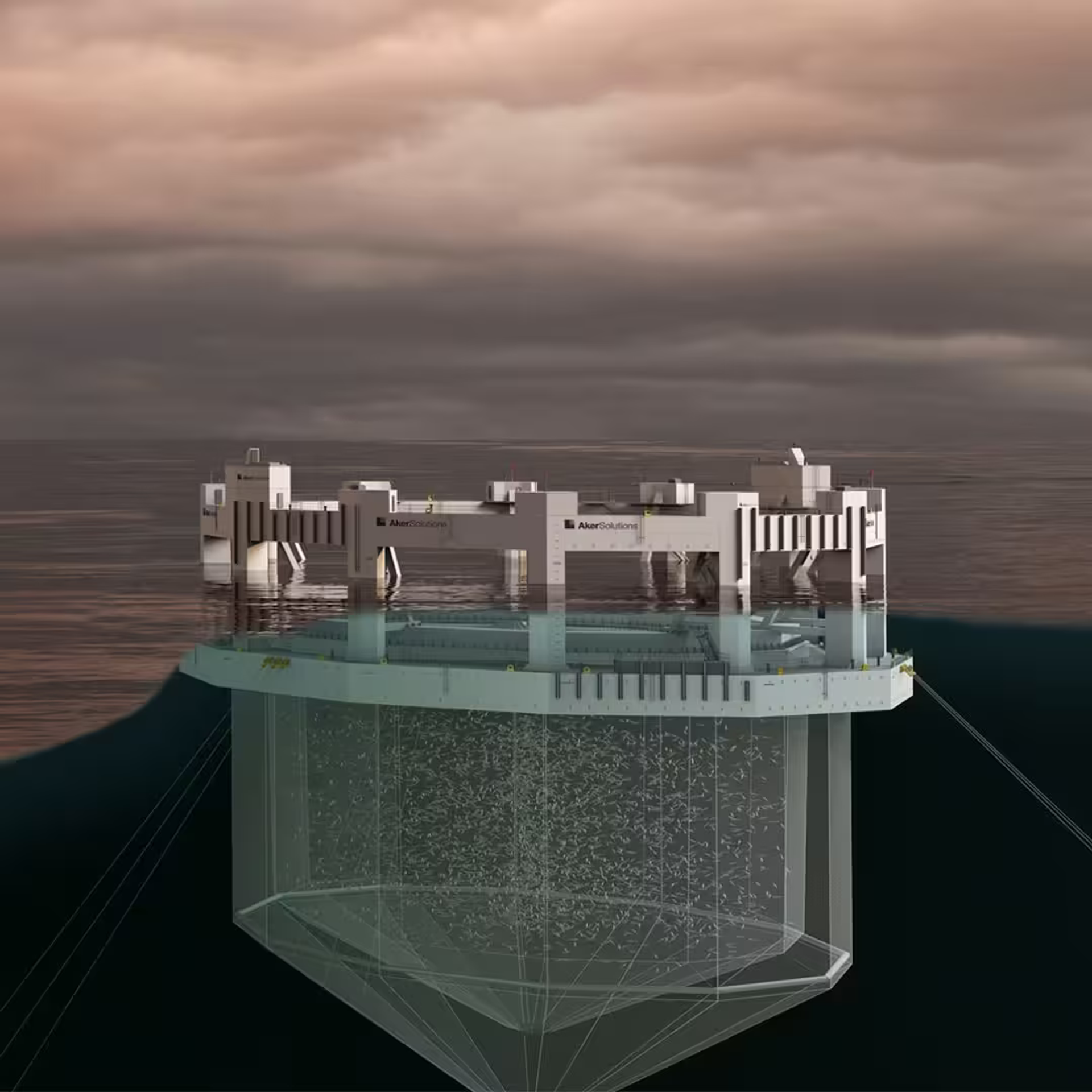 close up rendering of the submersible part of an open offshore aquaculture cage