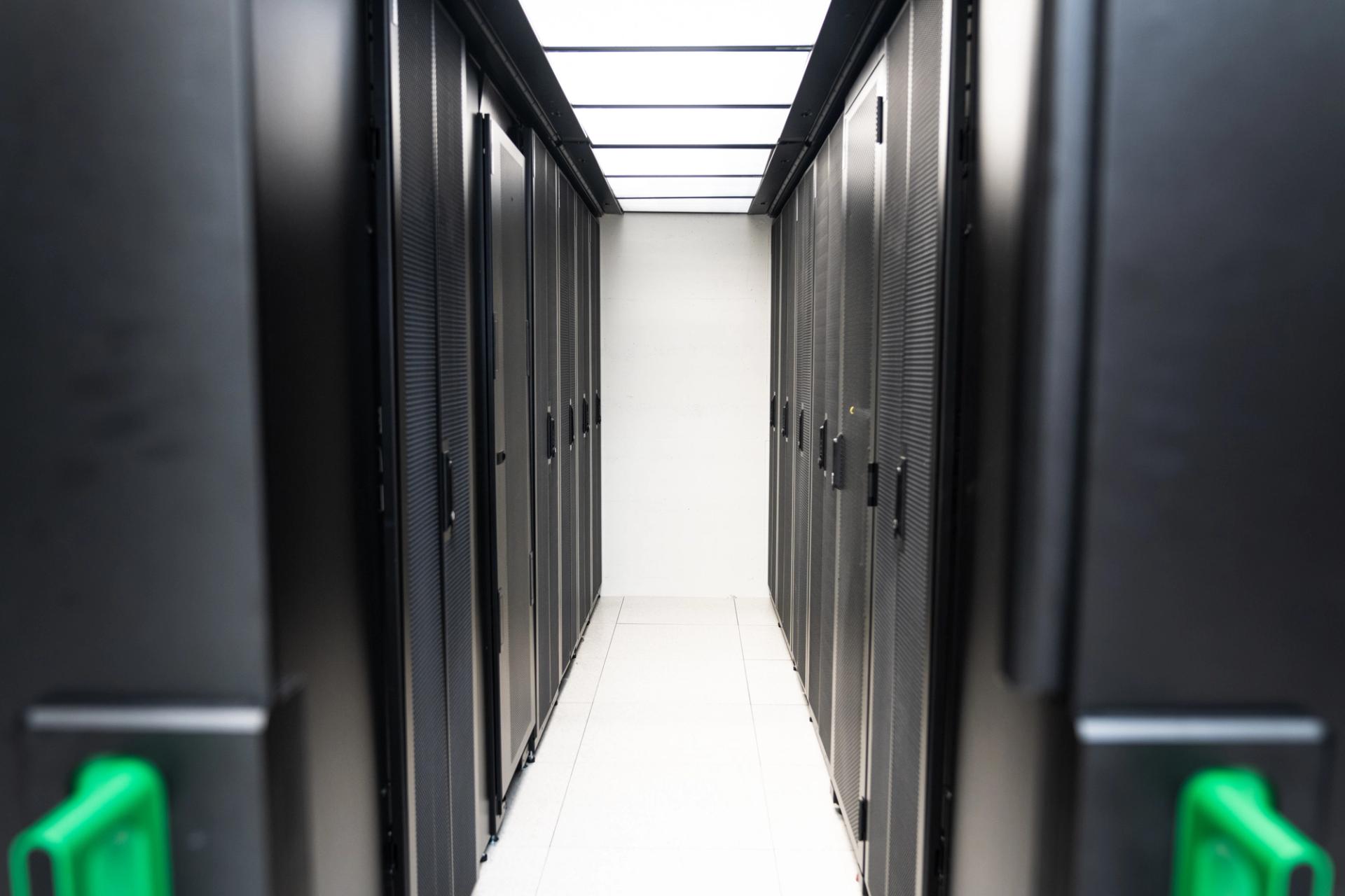 Rows of server racks at a data centre