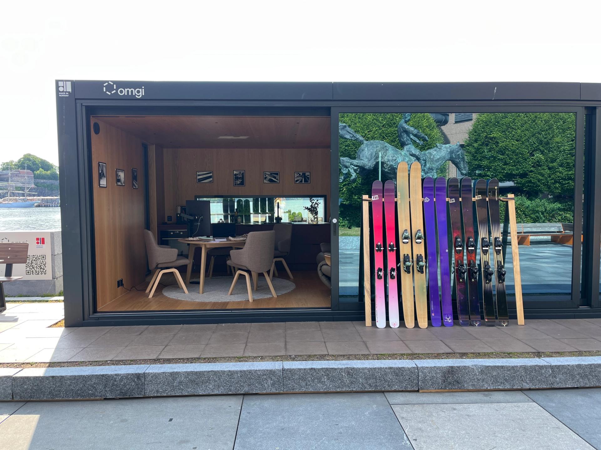 Pairs of multicolored alpine skis lined up in a row against a glass cabin