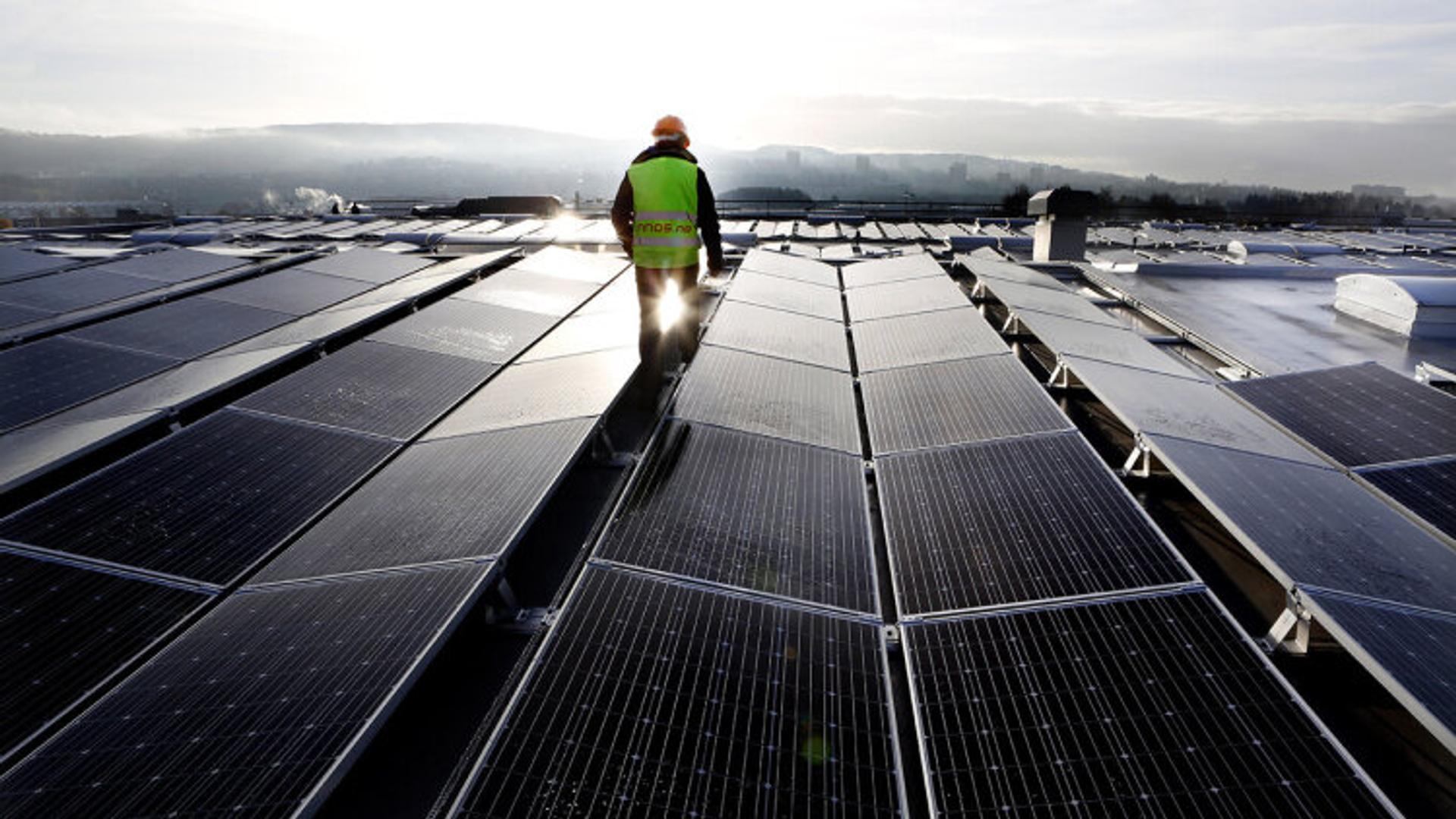 Person walking inbetween solar panels