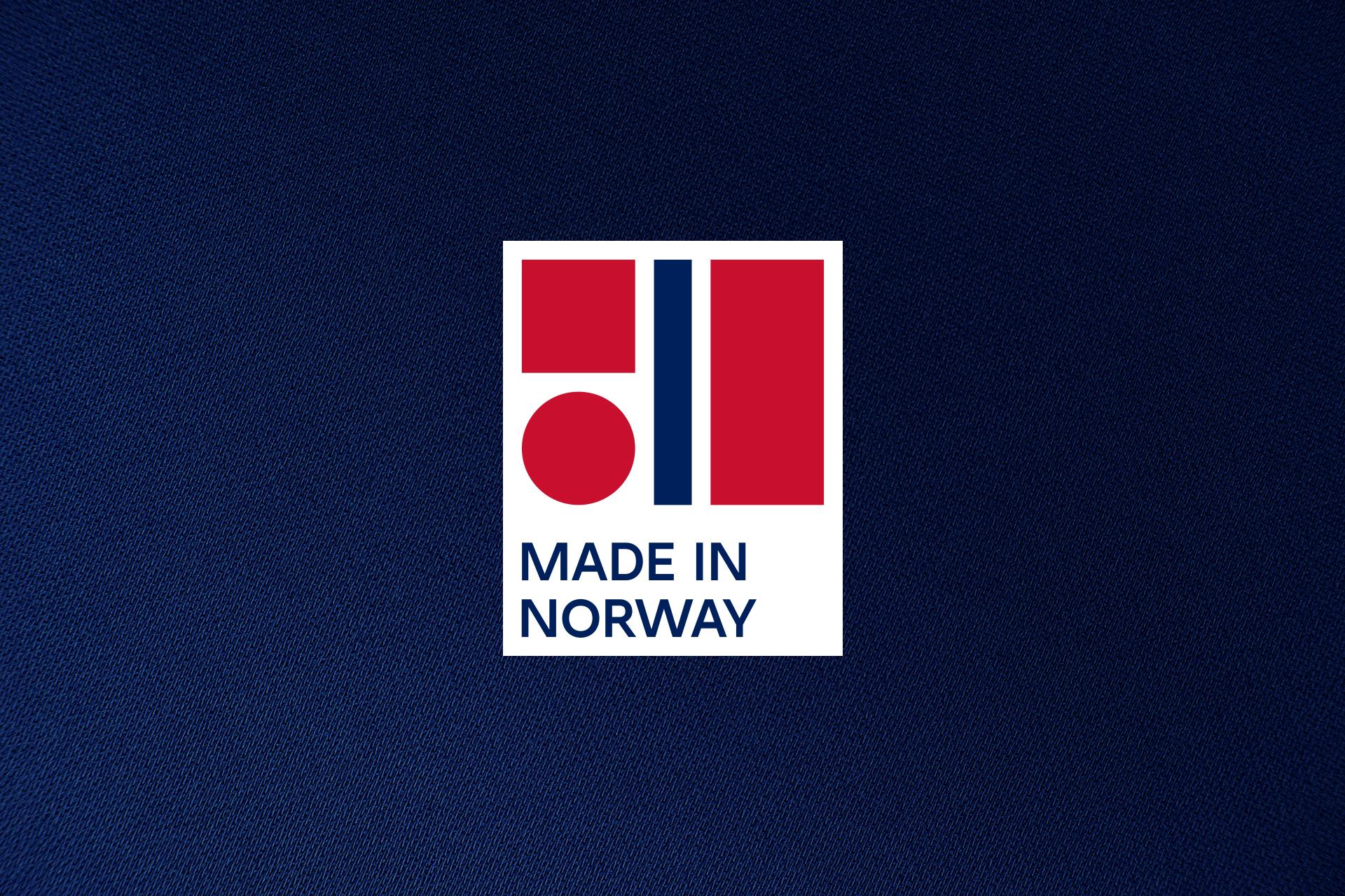 Red, white and blue Made in Norway label against a blue background