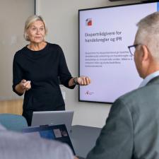 Kvinne presenterer ekspertrådgivere for handelsregler og IPR for to menn