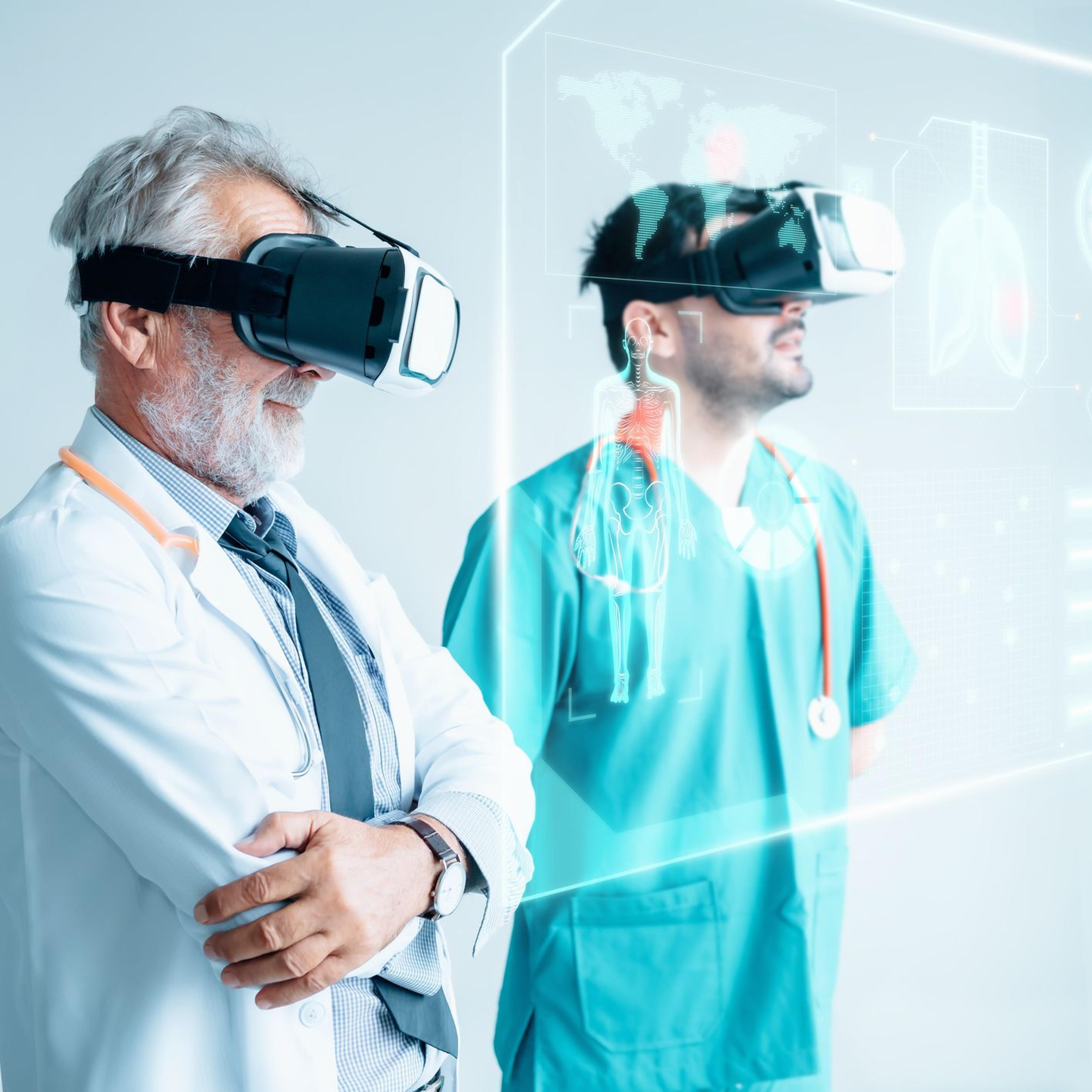 Futuristic Medical Diagnose Through Virtual Reality Glasses Simulator and Screen Interactive, Doctor Team Disease Diagnosis Patient Health on 3D VR Headset in Hospital Surgical Room.