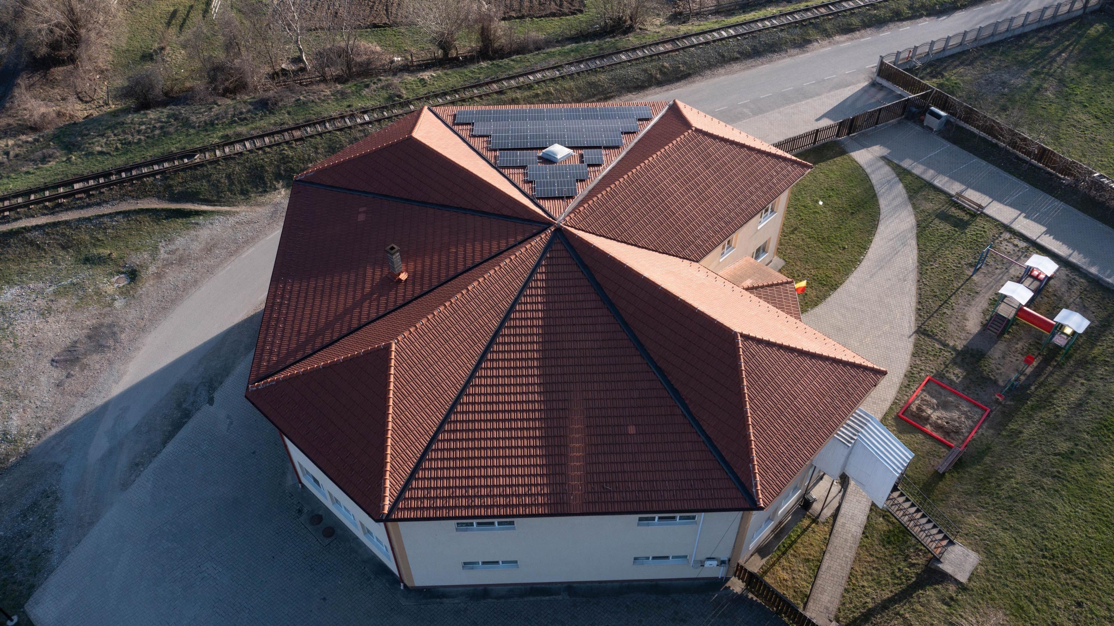 Roof of a kindergarten with solar panels