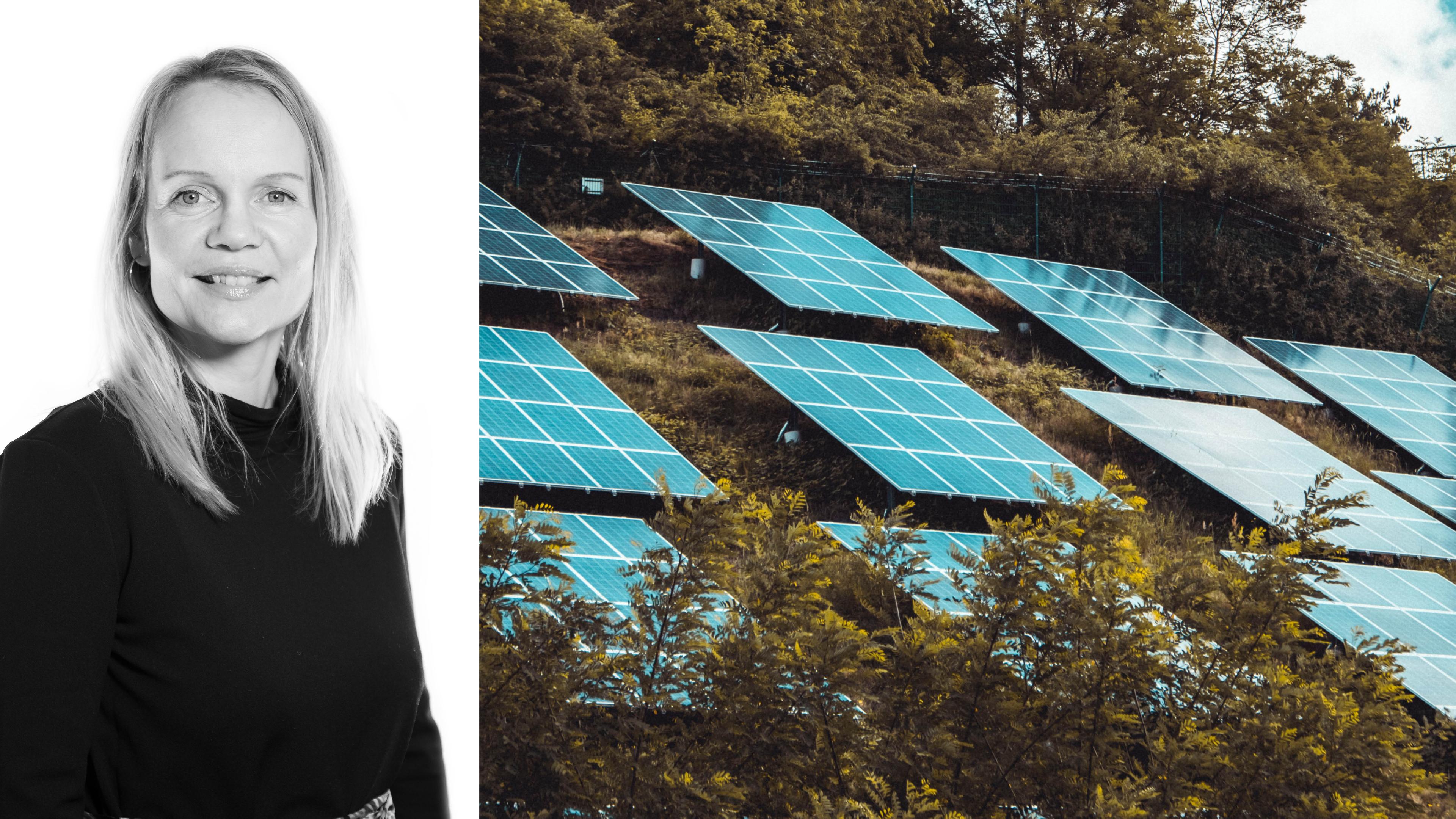 Todelt bilde med dame pluss solceller