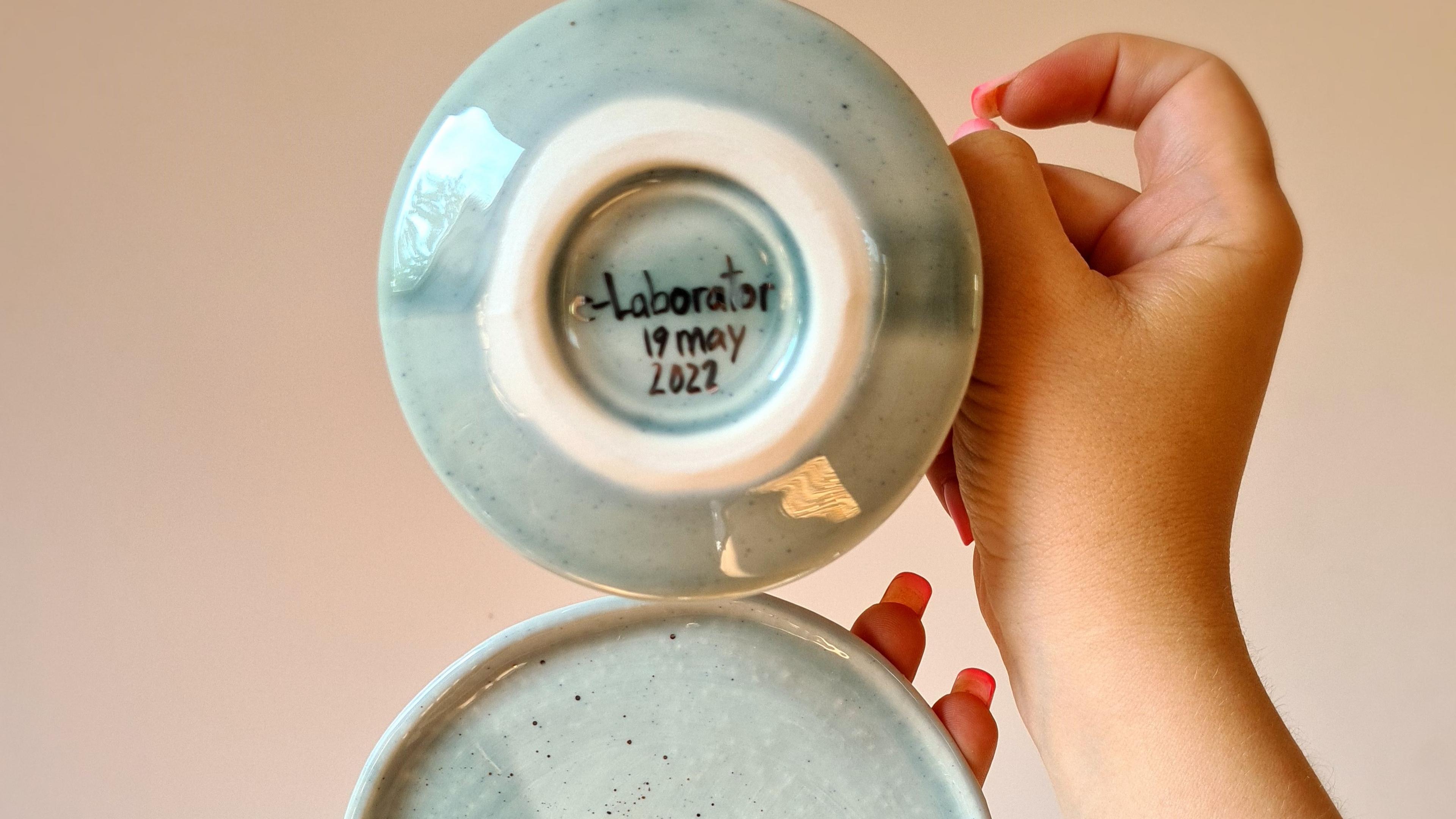 A handmade mug and plate with the text e-laborator on it.
