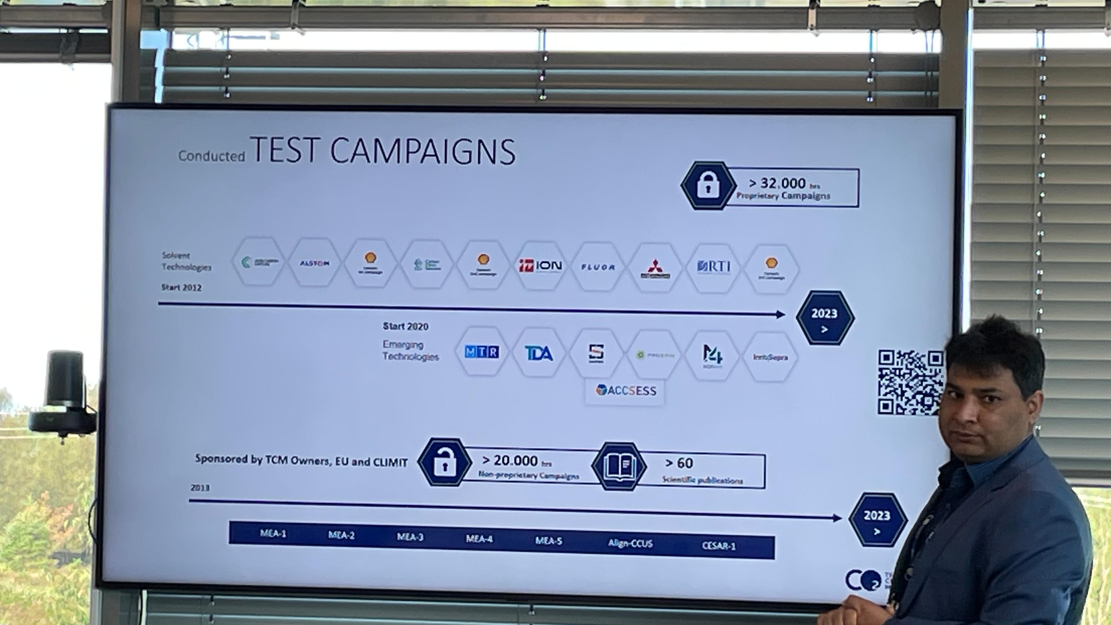 A presentation being held by the Technology Centre Mongstad, showing their test campaigns