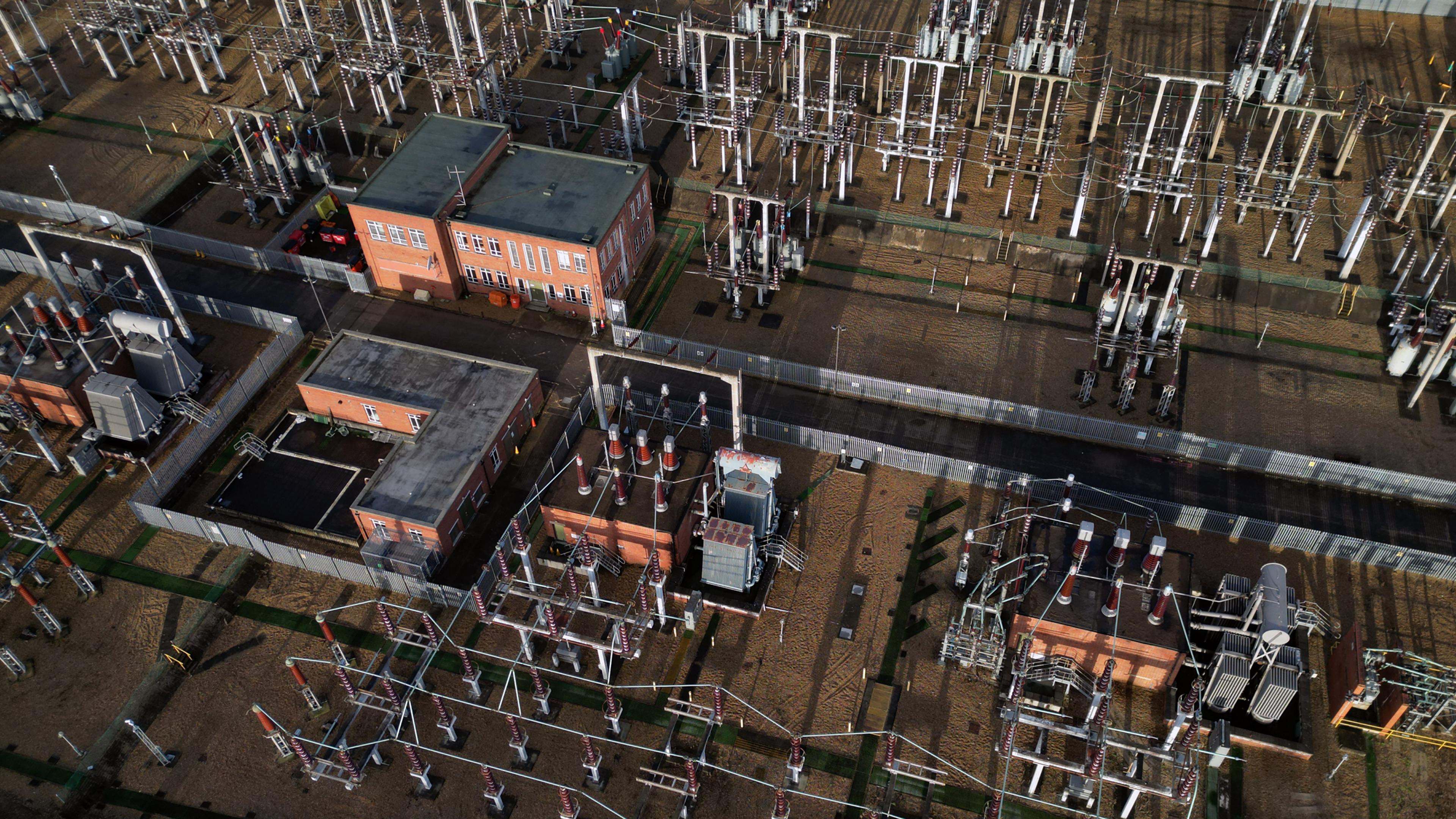 Aerial view of a high voltage electrical sub-station
