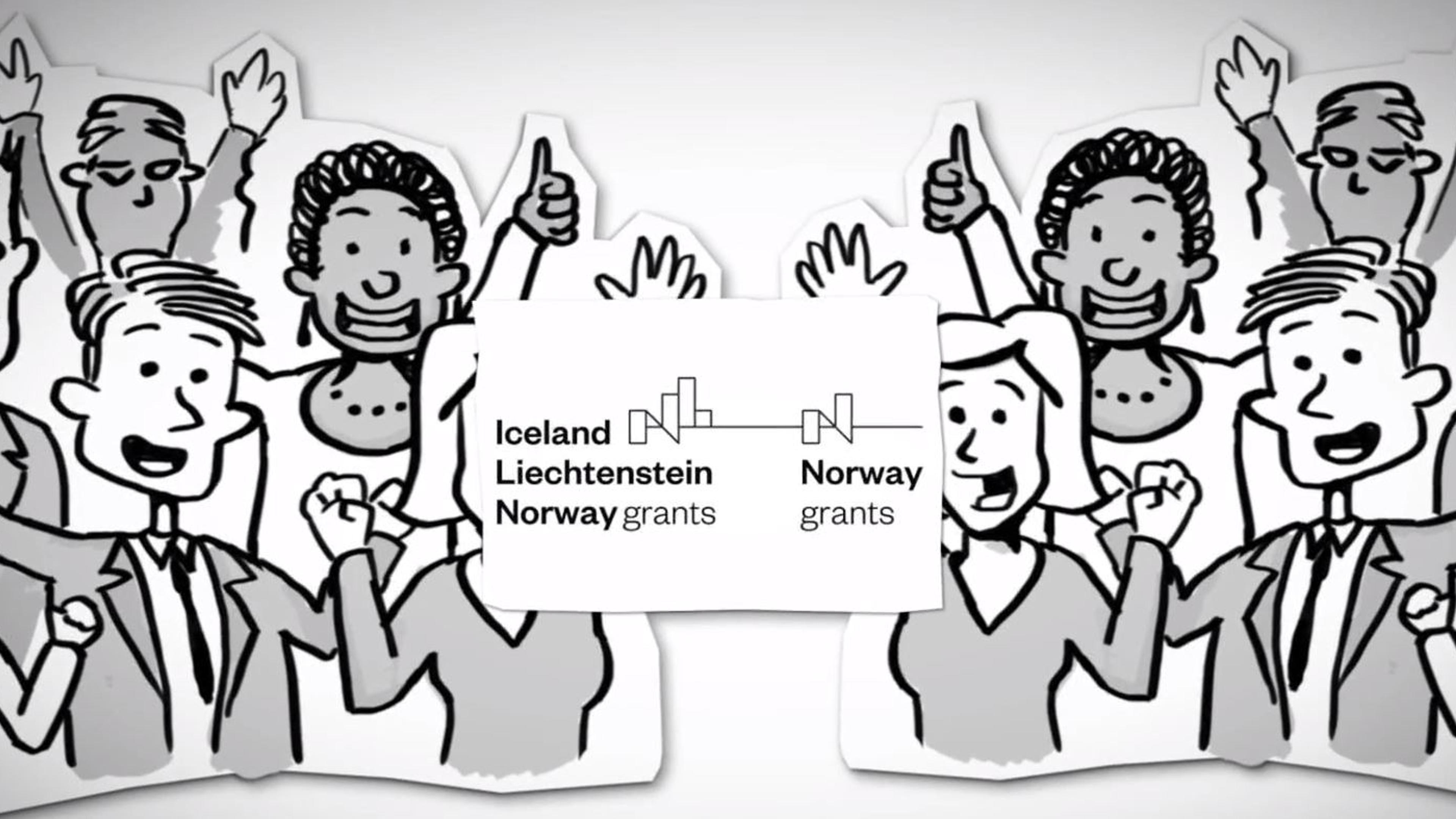 Tegning av mennesker som jubler med logoen til EEA Grants i midten