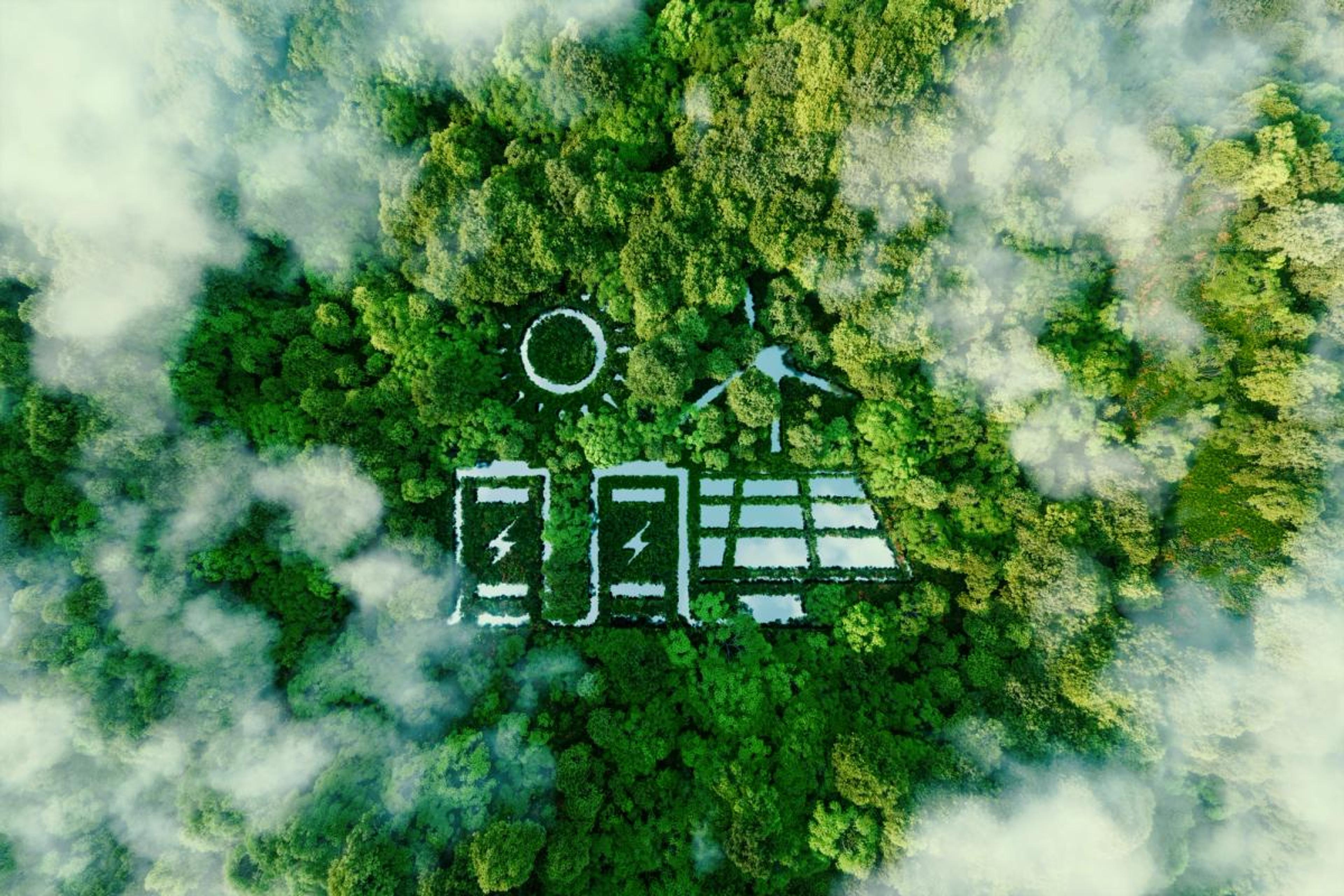 A Lake In The Shape Of A Solar Wind And Energy Storage System In The Middle Of A Lush Forest As A Metaphor For The Concept Of Clean And Organic Renewable Energy 3d Rendering Stock Photo - Download Image Now - iStock