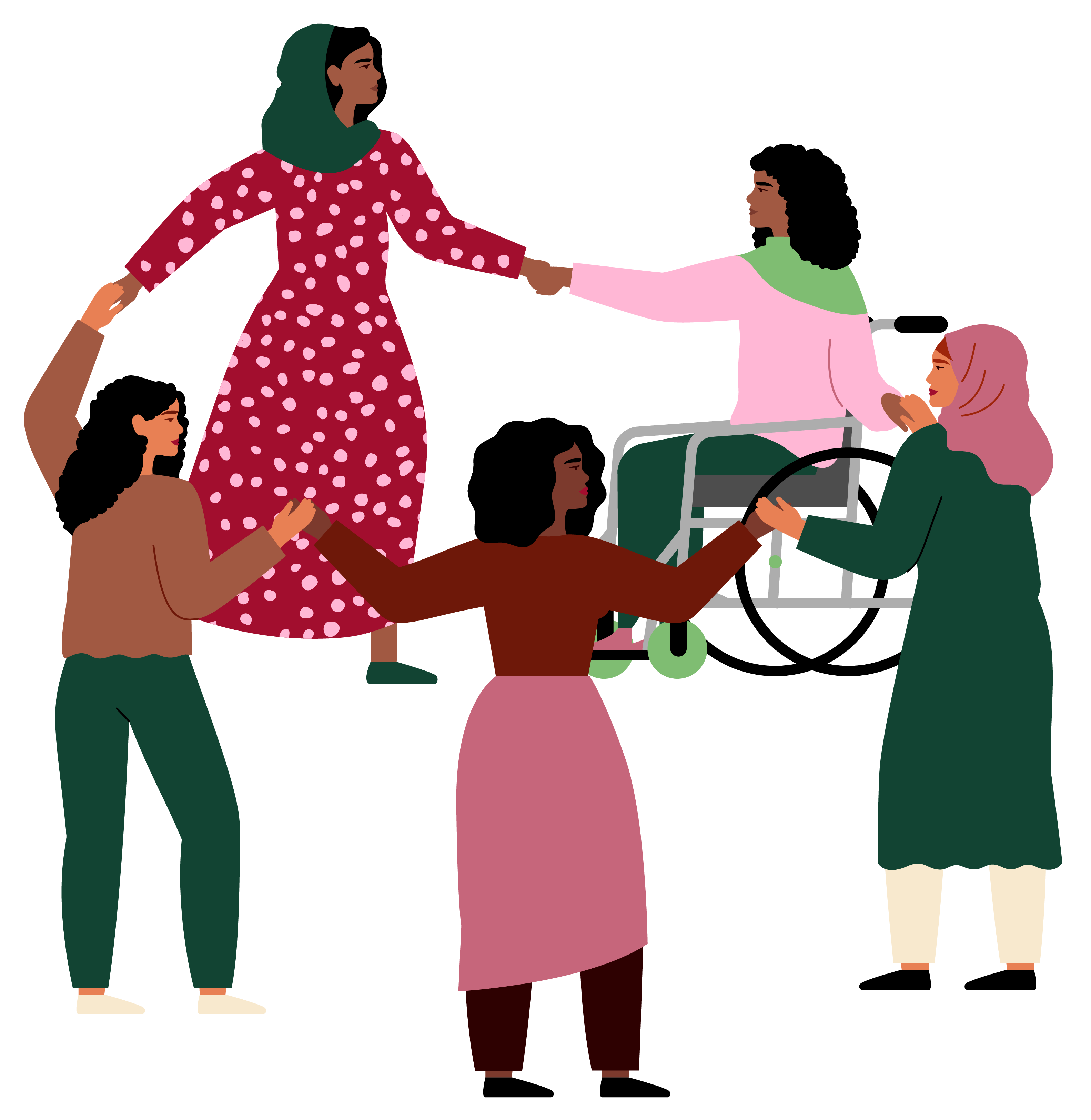 Illustration of four women holding hands with each other.