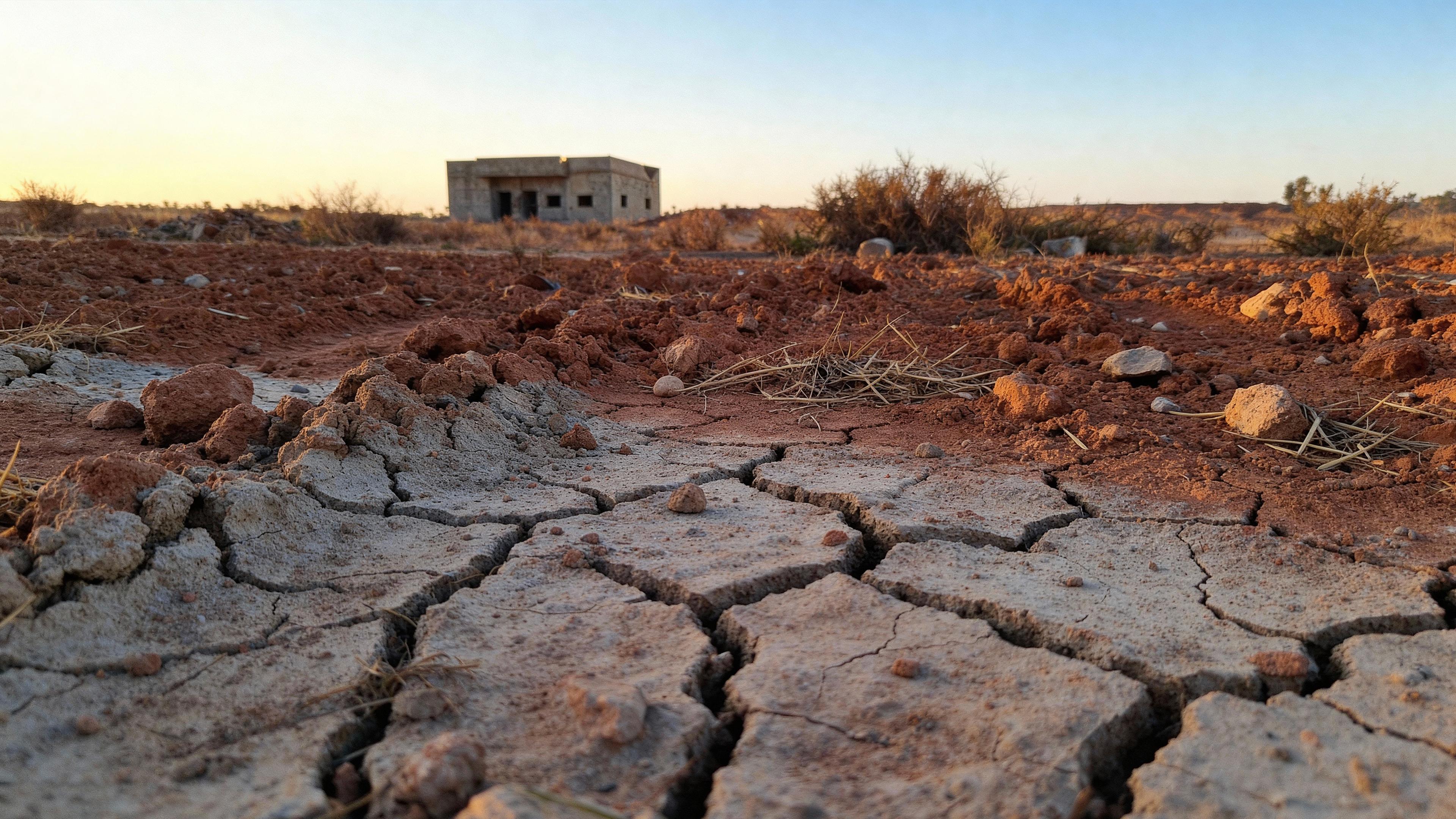 Close-up view of cracked, dry earth in a barren landscape, with scattered rocks and sparse shrubs. In the distance, a small, abandoned concrete building sits under a clear sky at sunset.