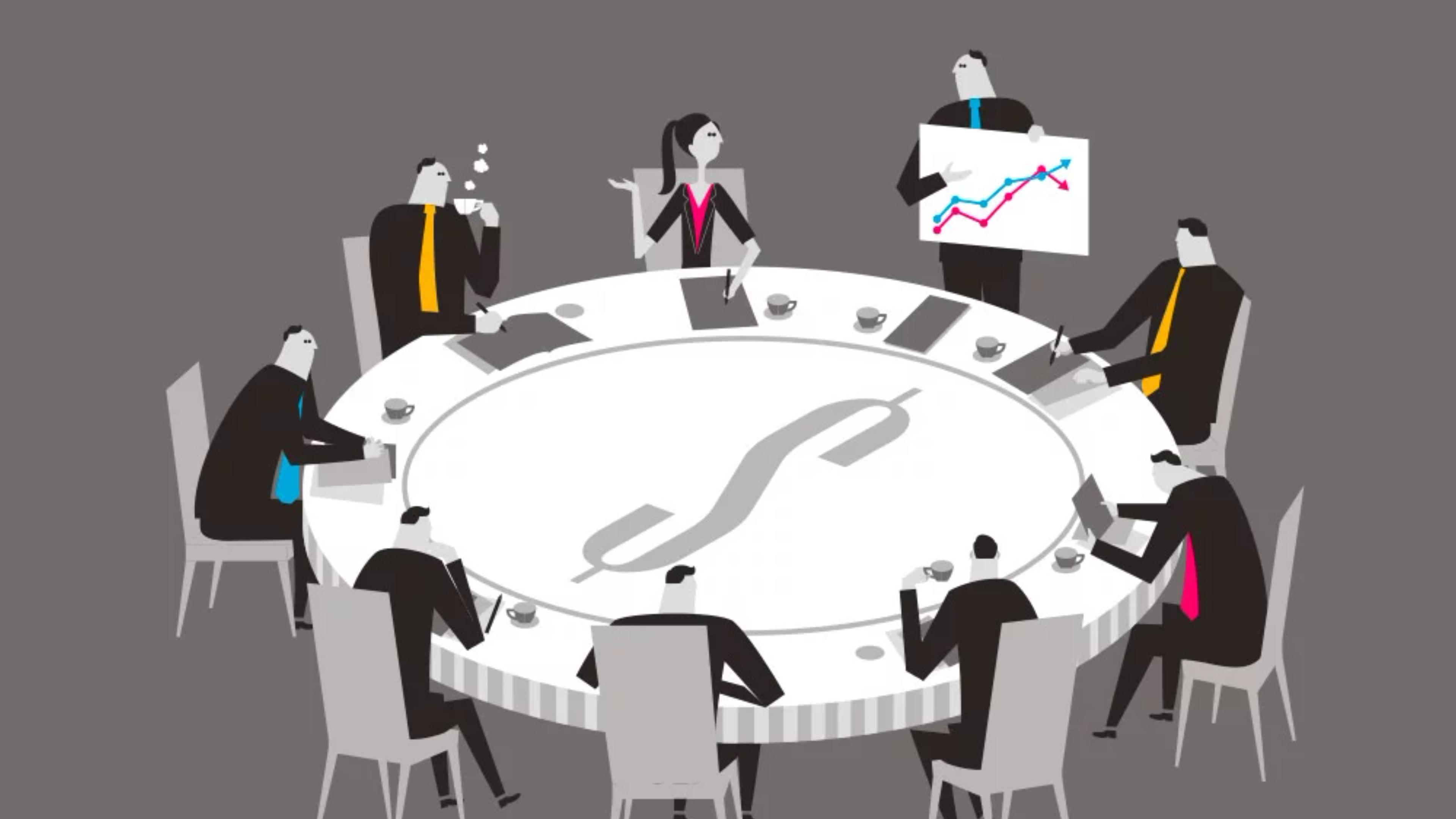 tegning av mennesker rundt et bord formet som en mynt