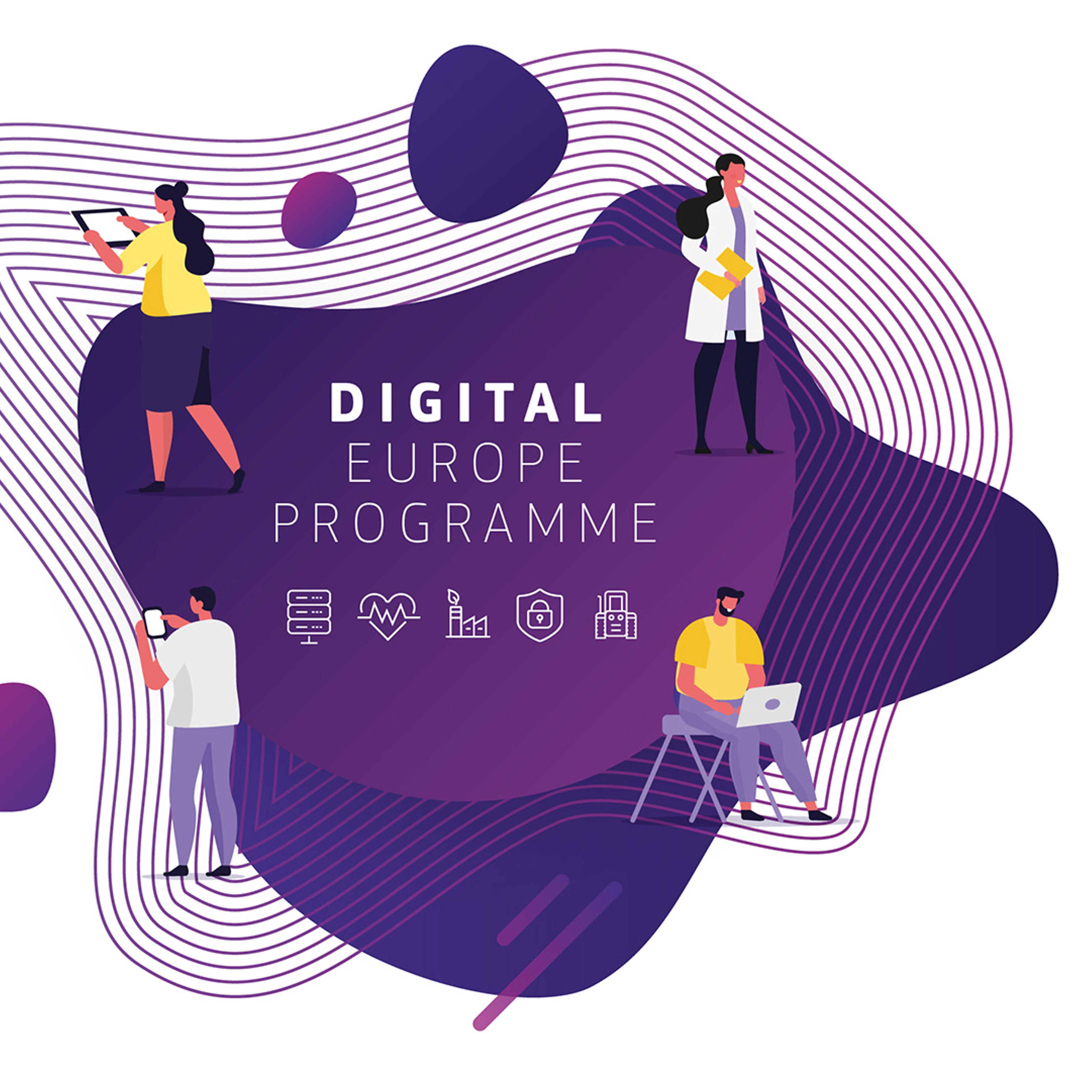 Digital Europe Programme omringet av animasjoner av ulike mennesker som jobber med digitale yrker