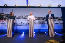 Paneldebatt under Arendalsuka 2023. På bildet står Merethe Nygaard fra Lexolve (f.v.), Maria de Perlinghi fra Norselab og Håkon Haugli fra Innovasjon Norge.