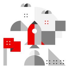 En illustrasjon i hvitt og grått med et rødt flagg og en rød rakett