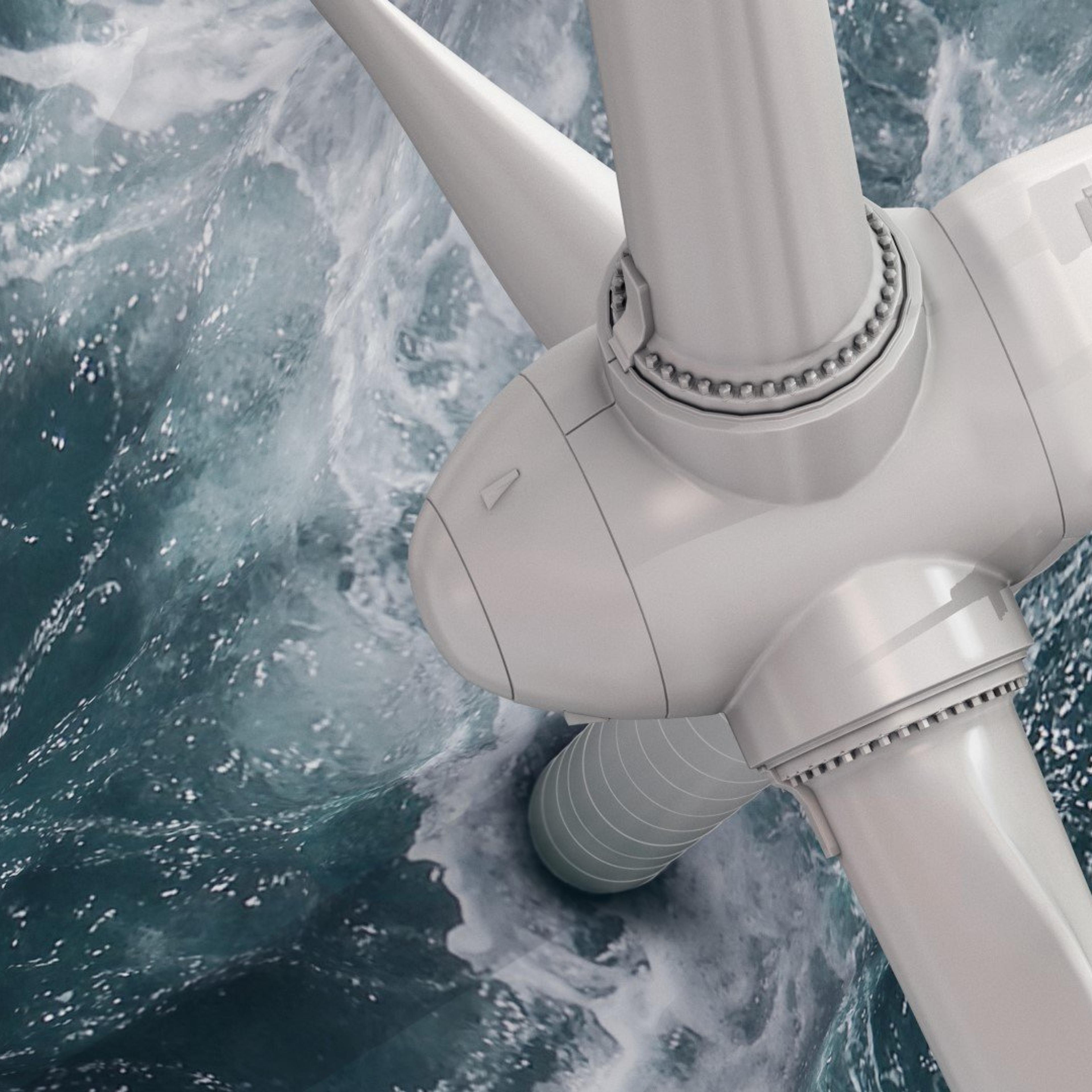Nærbilde av en hav-vindturbin på havet