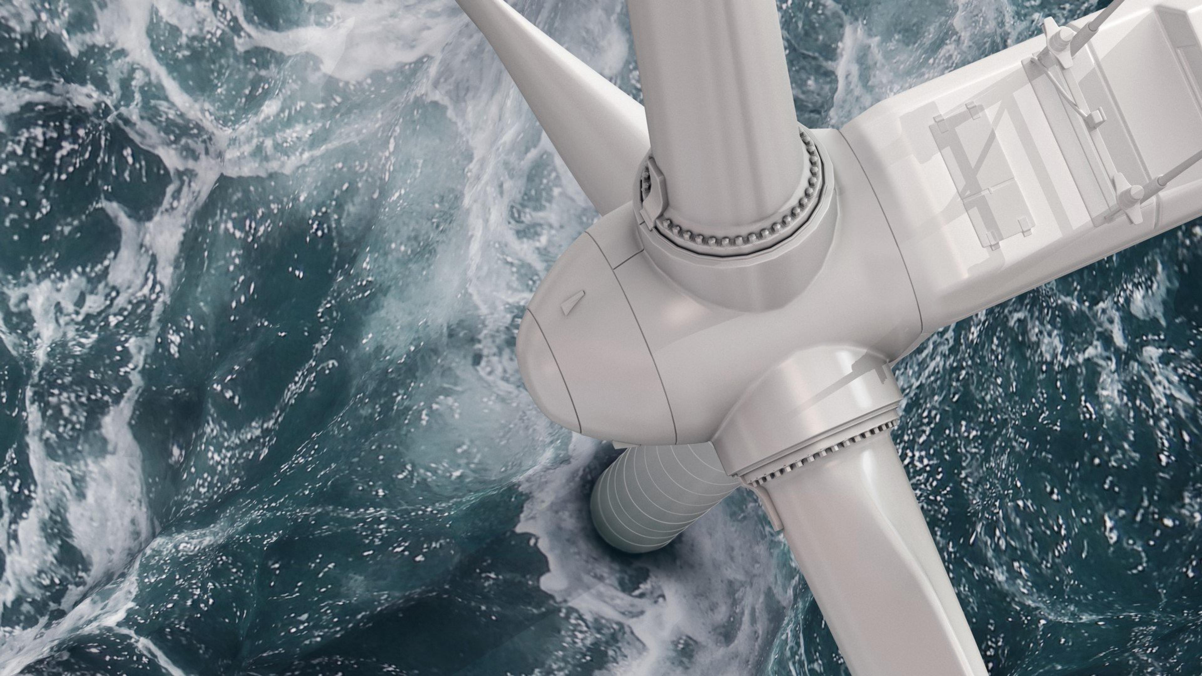 Nærbilde av en hav-vindturbin på havet