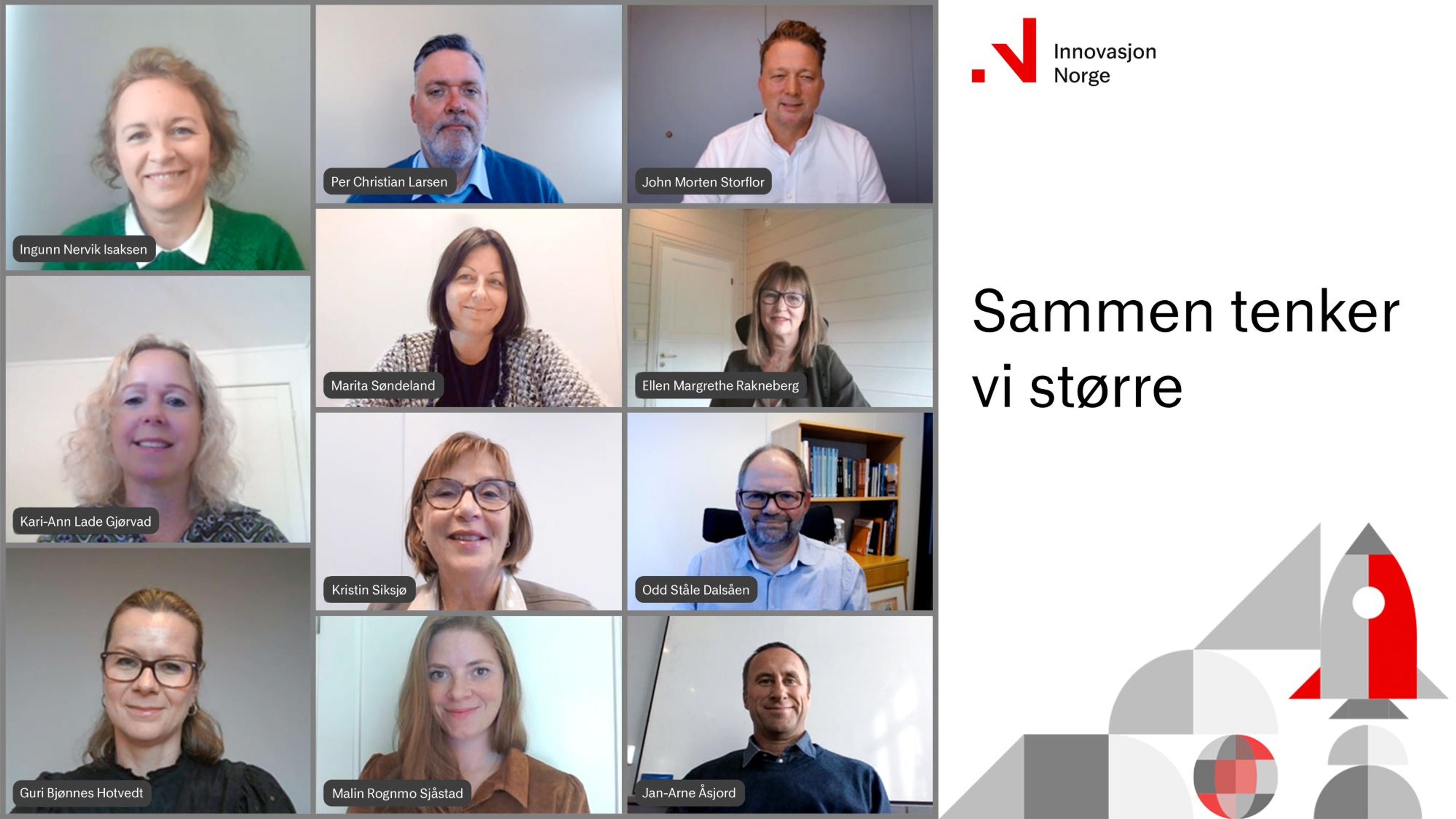 Elleve rådgivere i Innovasjon Norge i et Teamsmøte.