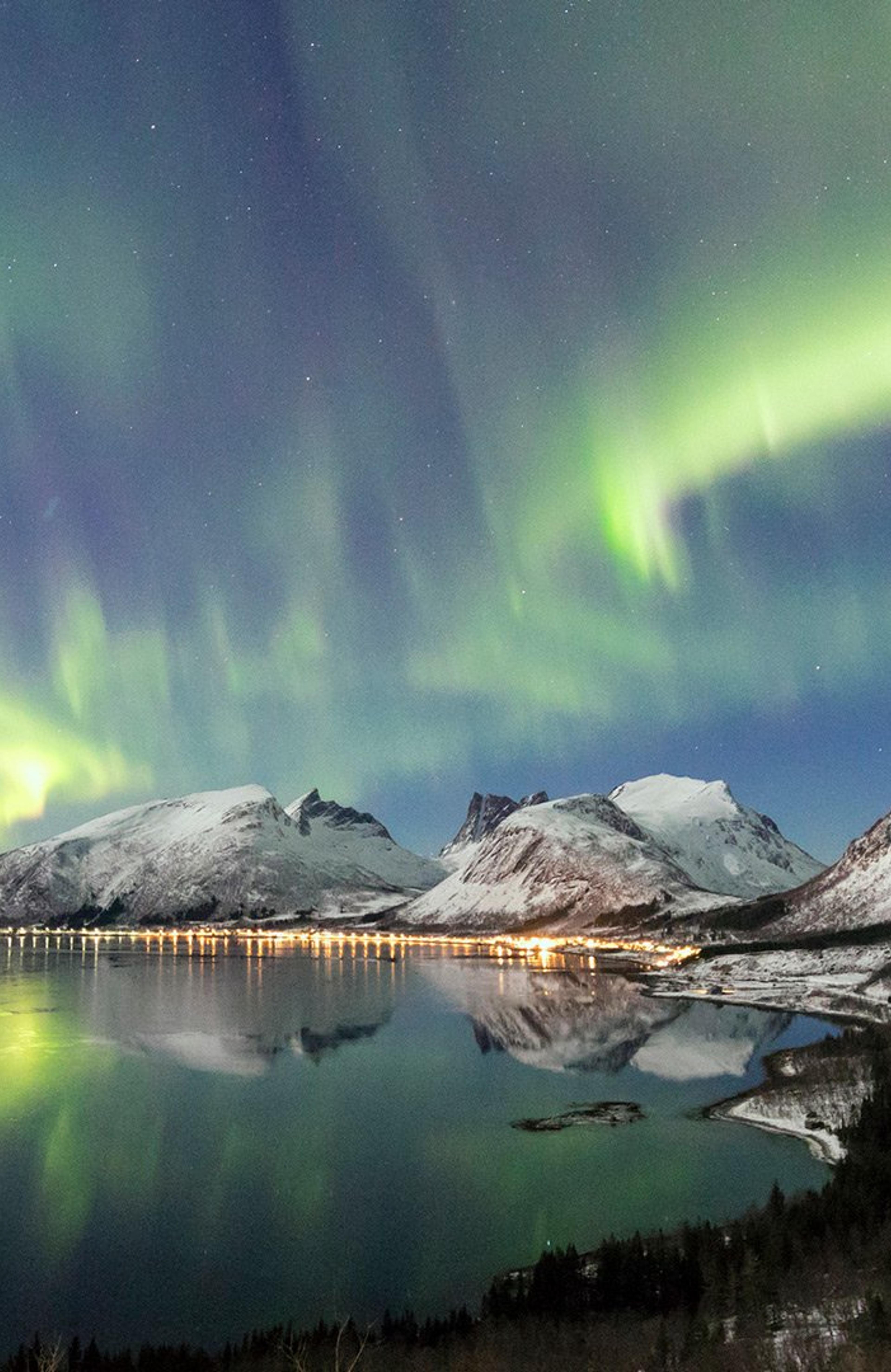 Nordlys over snøkledde fjell ved fjord