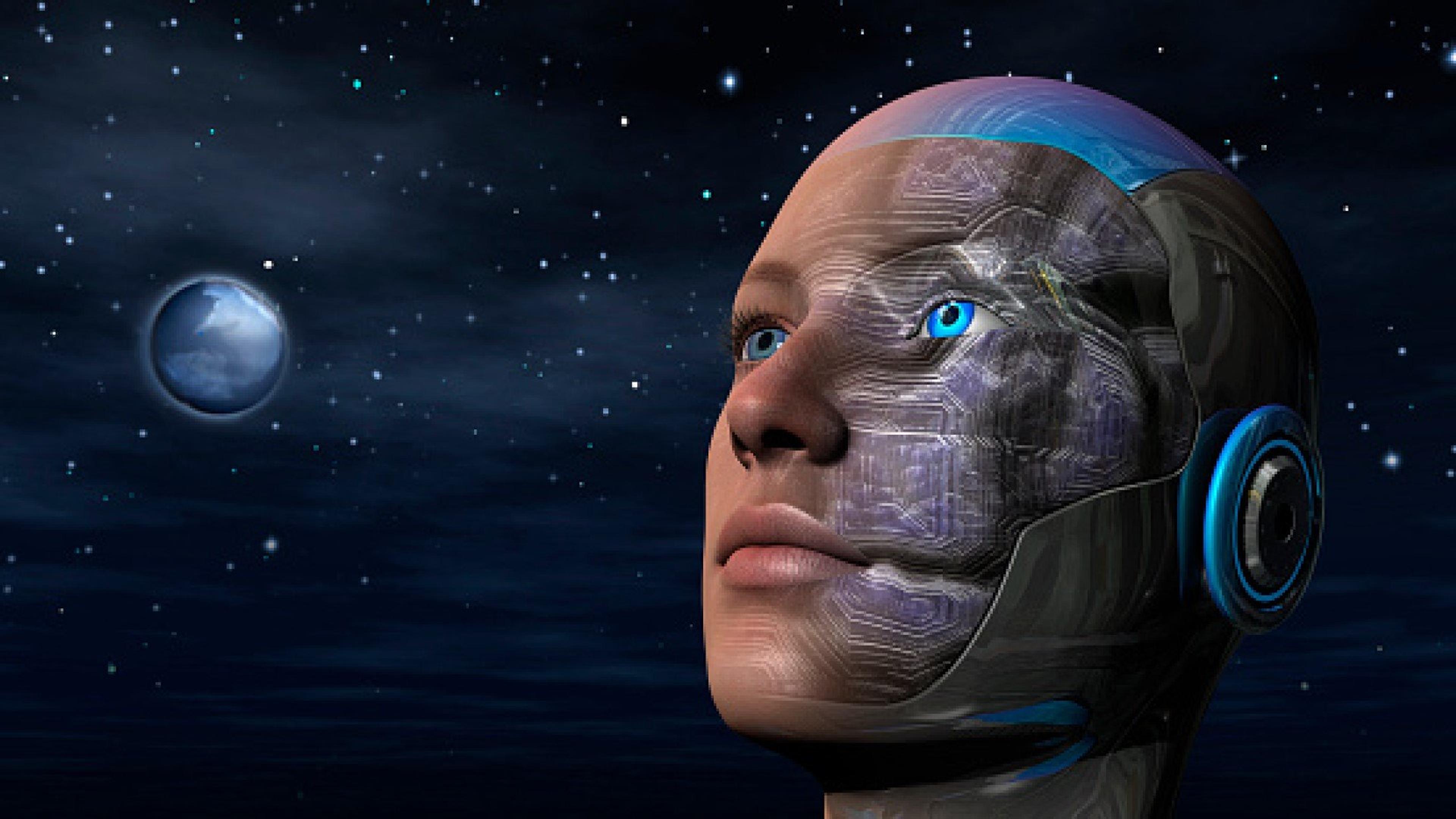 Animert gynoide (kvinnelig androide) som ser utover nattehimmelen