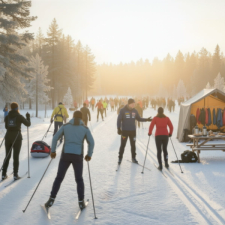 Mange folk i skisporet og et telt med klær og utstyr