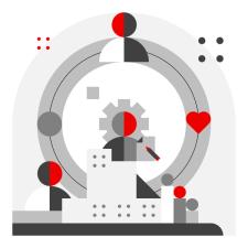 Illustrasjon av teamwork i hvitt, grått og rødt