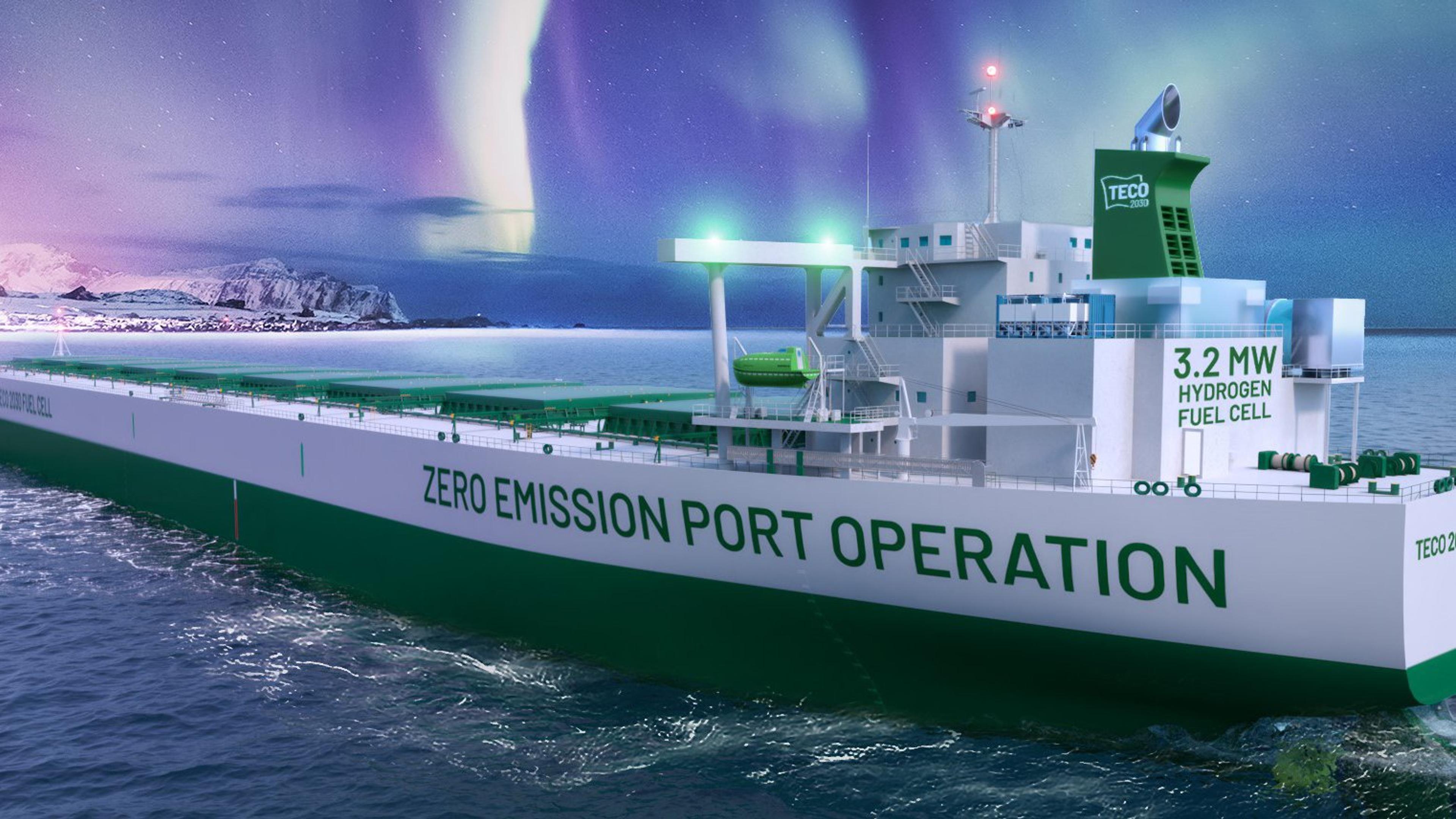 Svært skip hvor det står Zero Emission Port Operation
