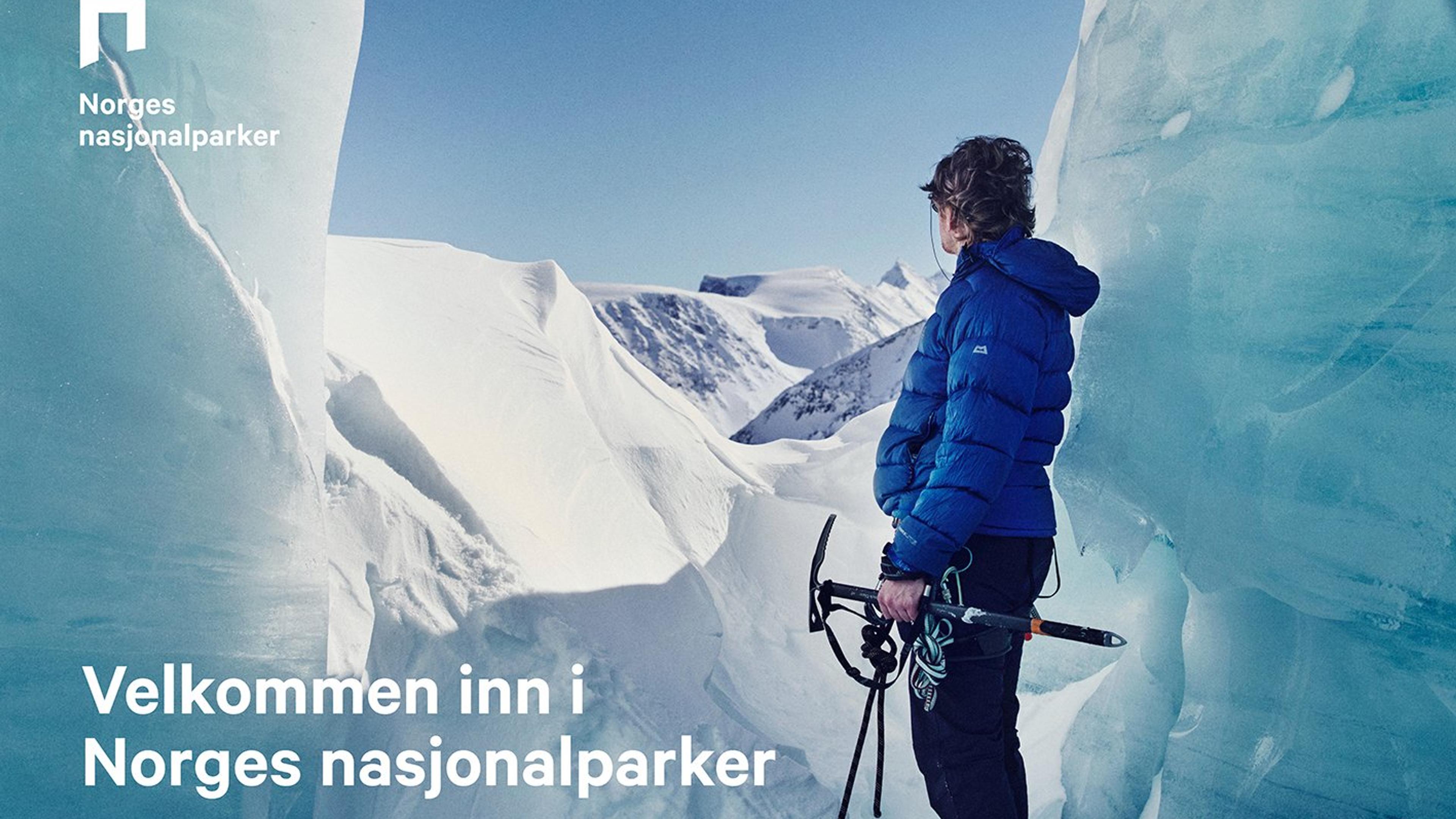 Person som isklatrer. På bildet står det "Norges nasjonalparker. Velkommen inn i Norges nasjonalparker."
