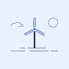 Enkel illustrasjon av vindmølle til havs i blåfarge