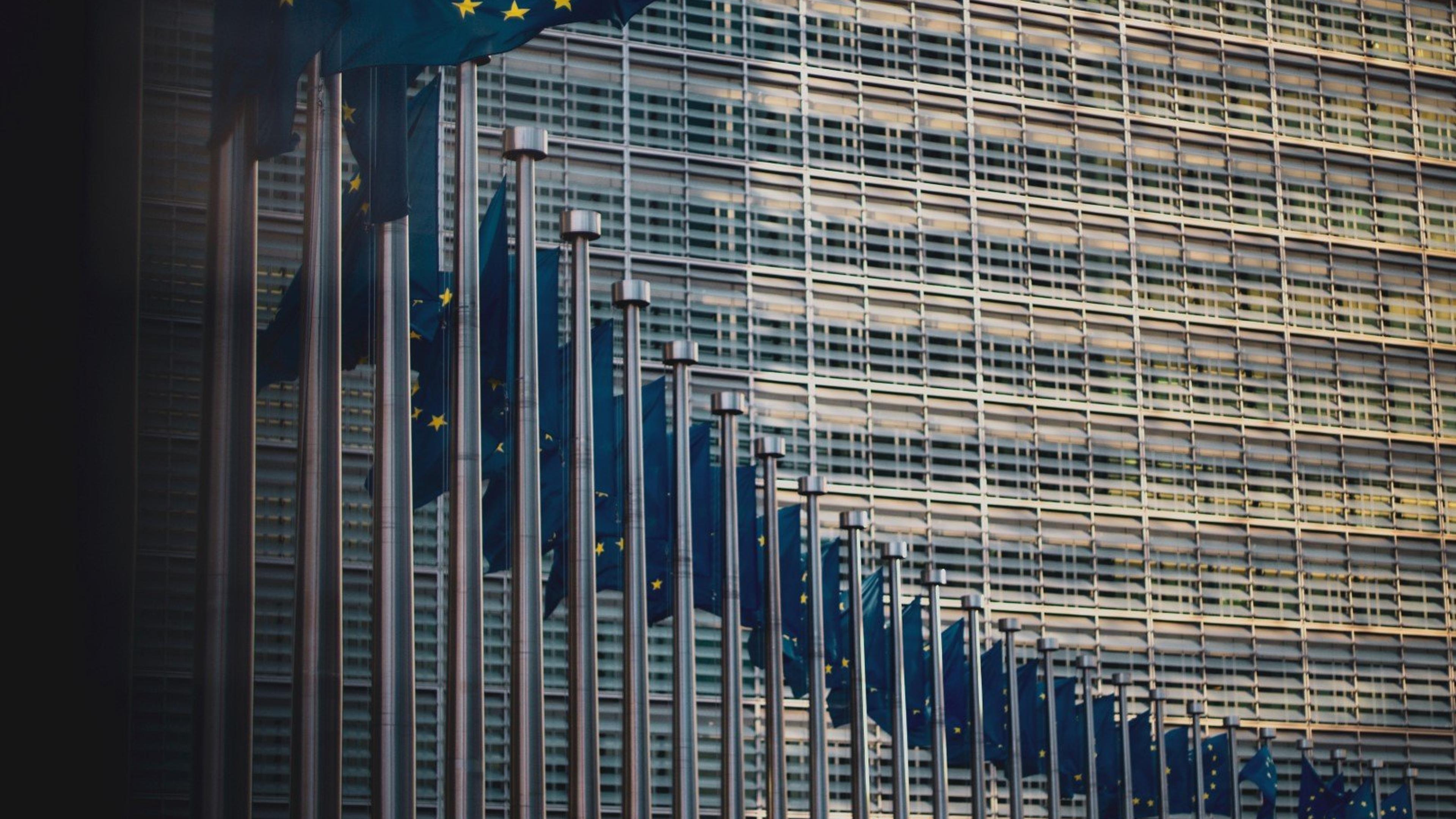 En rekke med EU-flagg som veiver i vinden utenfor EUs hovedkvarter