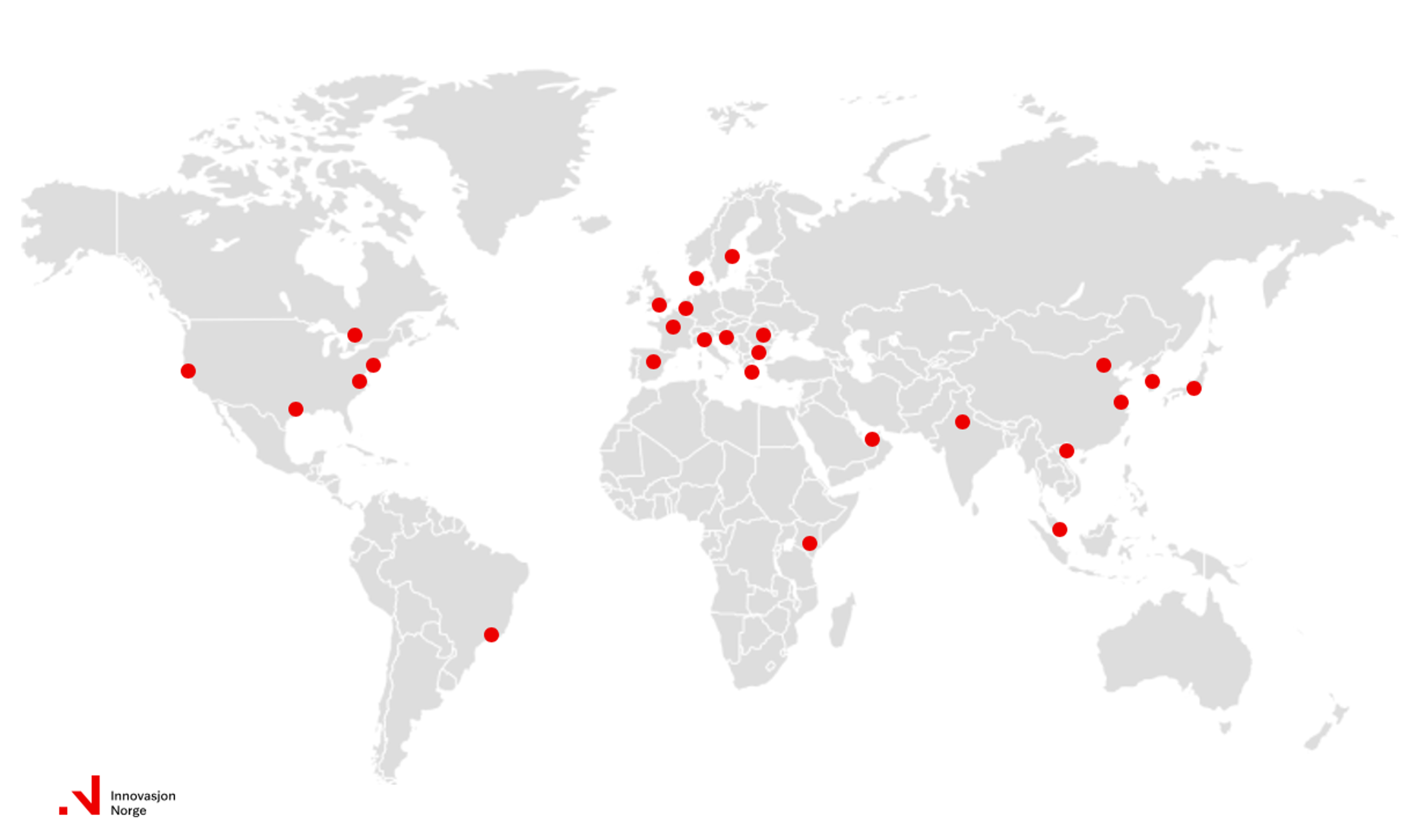 Kart over verden, med rød prikker der Innovasjon Norge har kontor