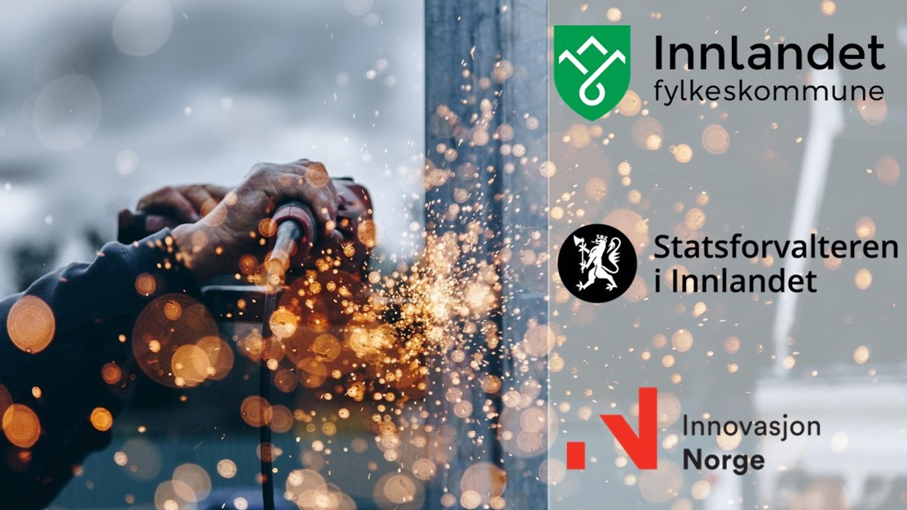 Bilde med person som sveiser og logoer på høyre kant til  Innovasjon Norge, Statsforvalteren i Innlandet og Innlandet fylkeskommune