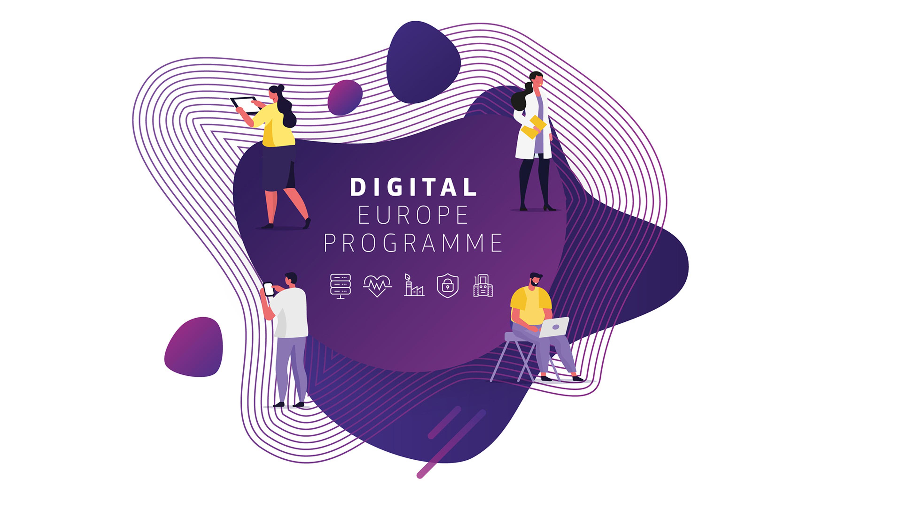 Digital Europe Programme omringet av animasjoner av ulike mennesker som jobber med digitale yrker