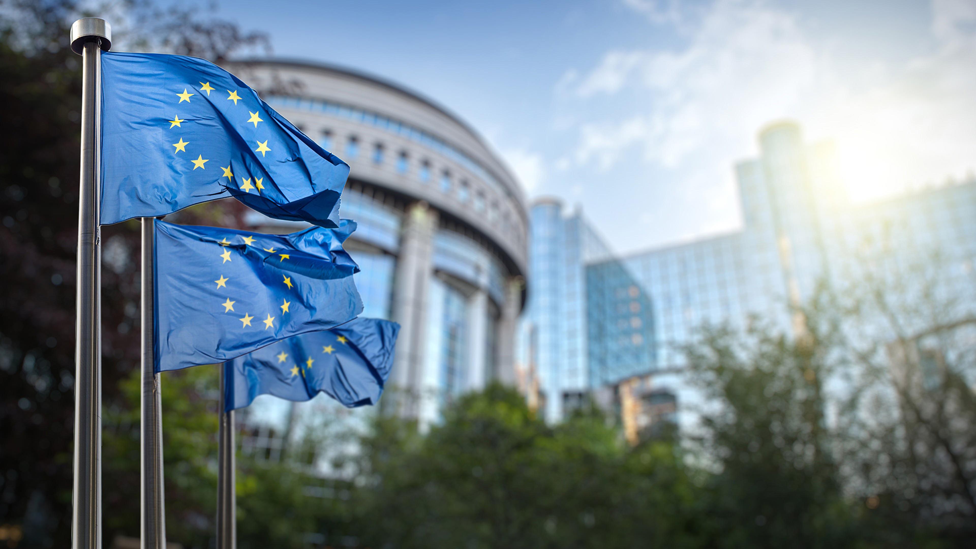 3 EU flags and buildings in the background