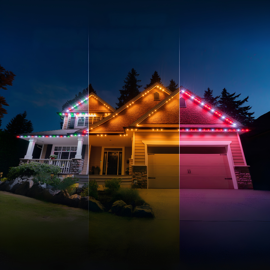 House with permanent roofline lights showing multiple color options at night.