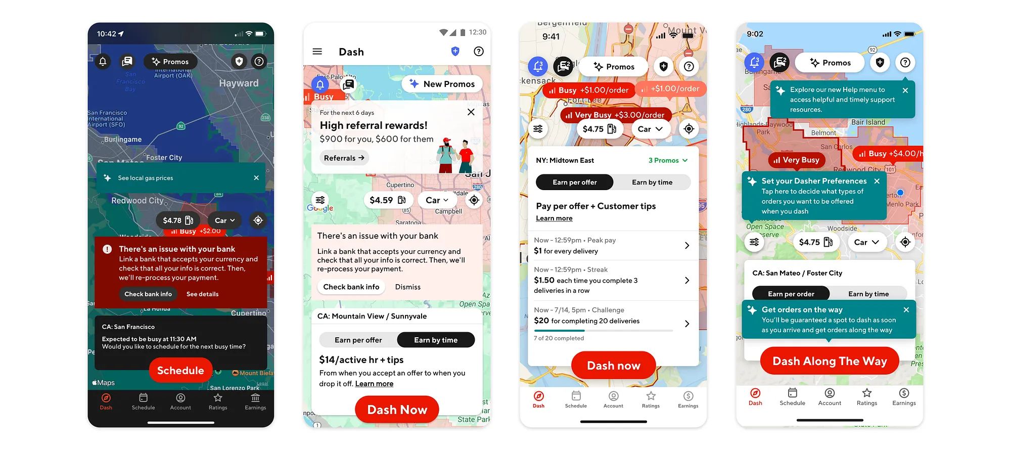 Screenshots of the Dasher app homescreen with cluttered messages and banners