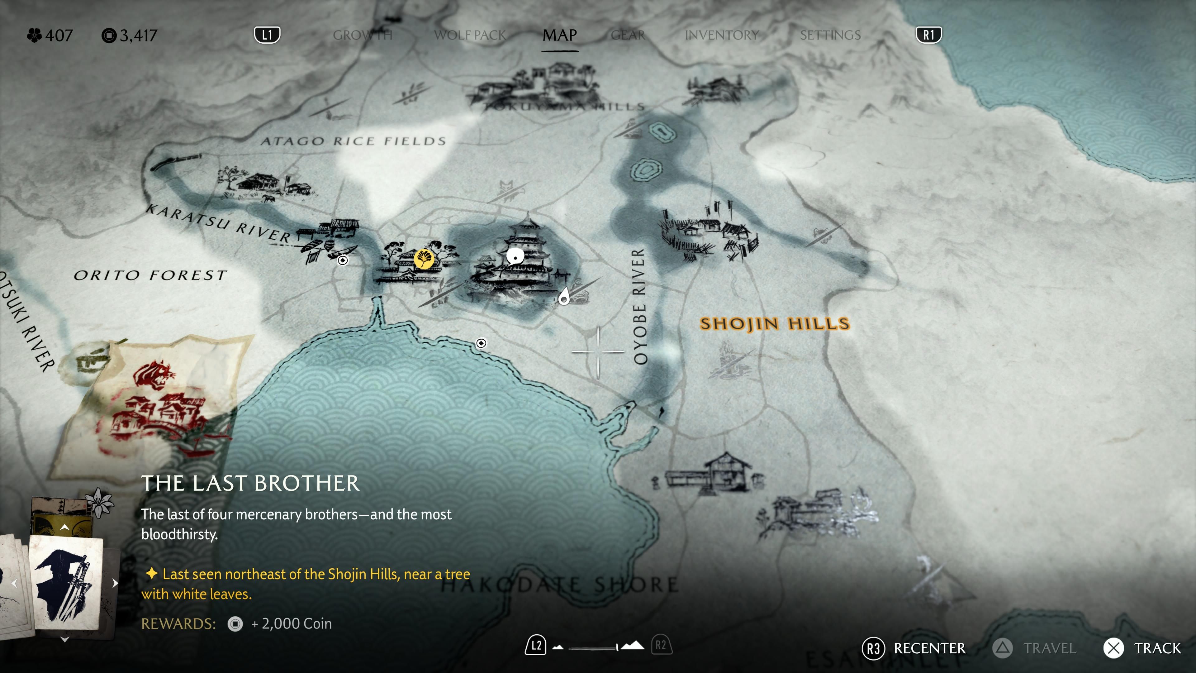 Ghost of Yotei's map showing a bounty with a hint of where to go to the player