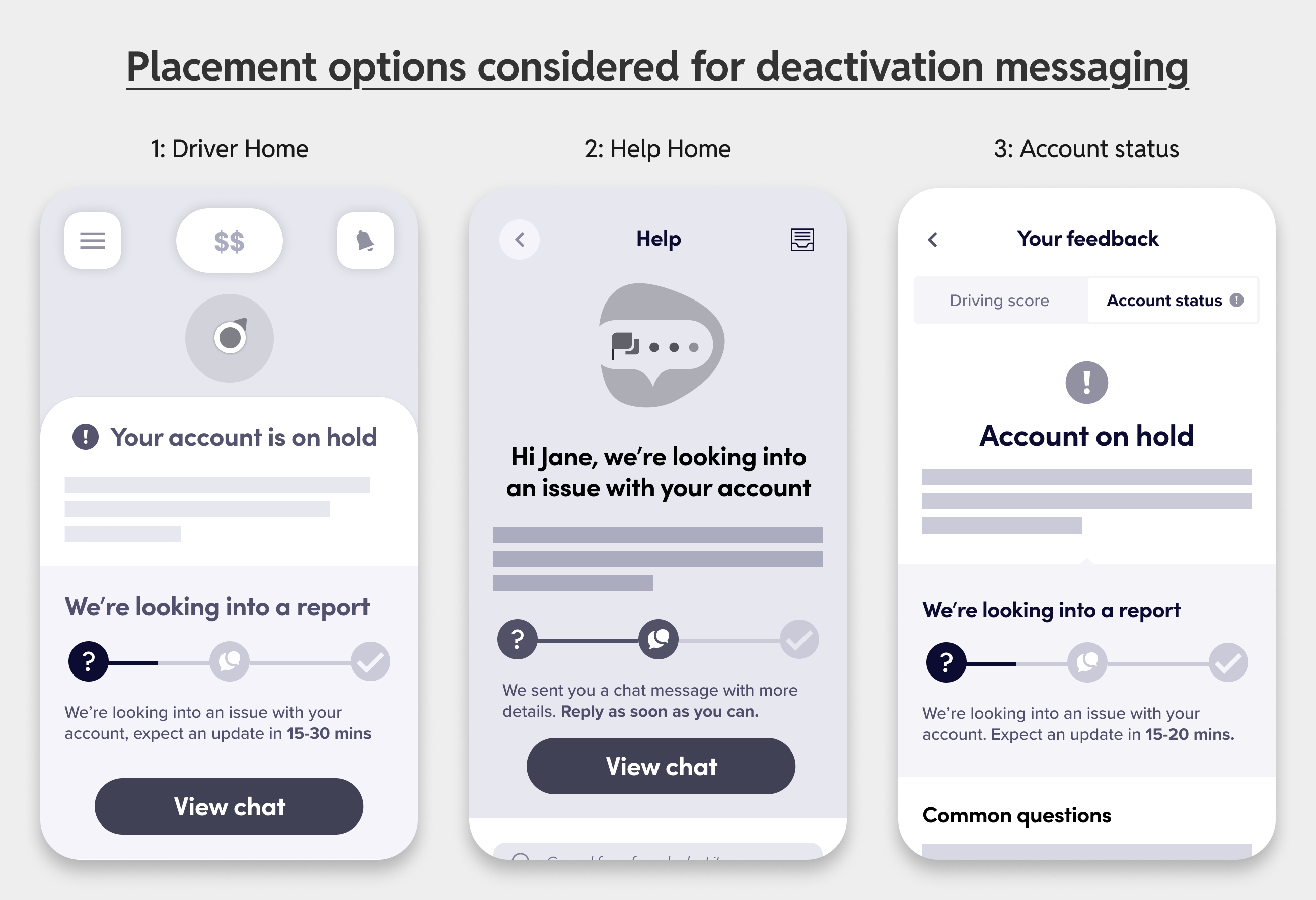 Placement options displaying alternative paths for where deactivation messaging could be displayed in the driver app