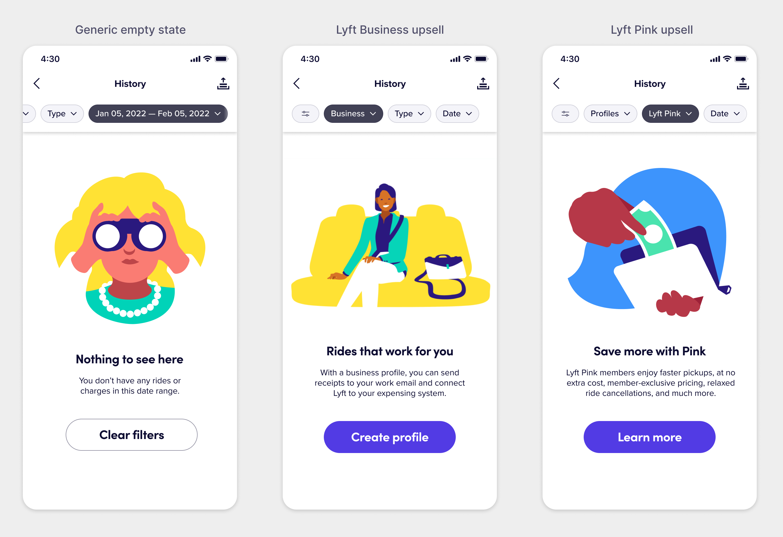Lyft History's empty states that doubled as product upsells with deeplinks