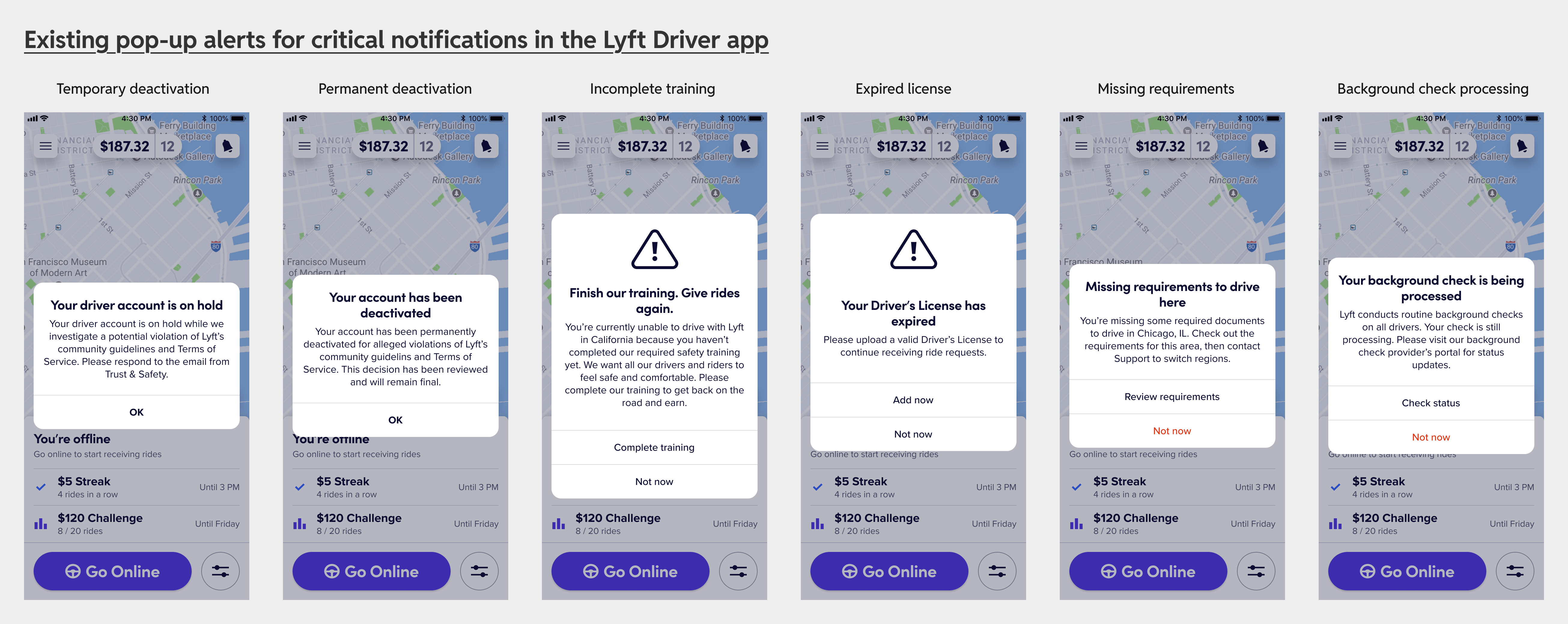 Examples showing pop-up alerts in the Lyft Driver app of multiple critical alerts that trigger for different reasons