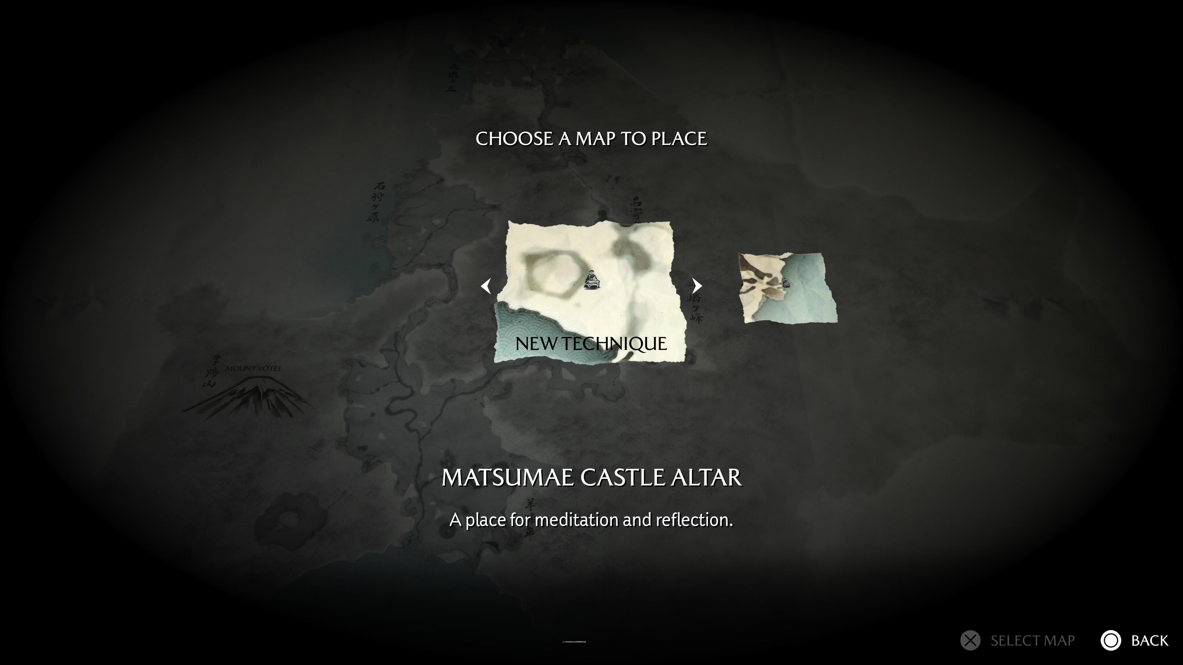 A map screen in Ghost of Yotei asking the player to choose a traveler's map to place