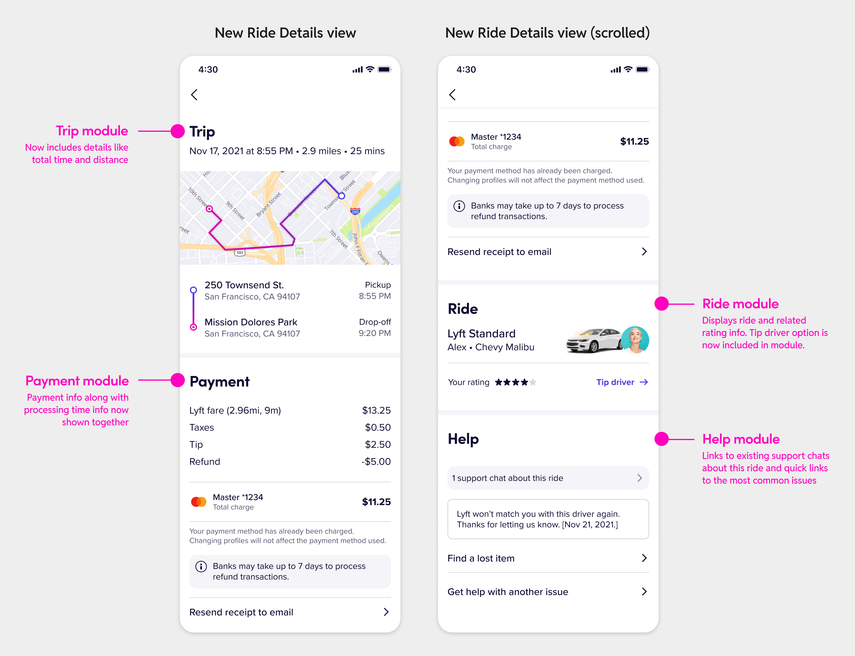 The final Ride Details view with the new modular IA