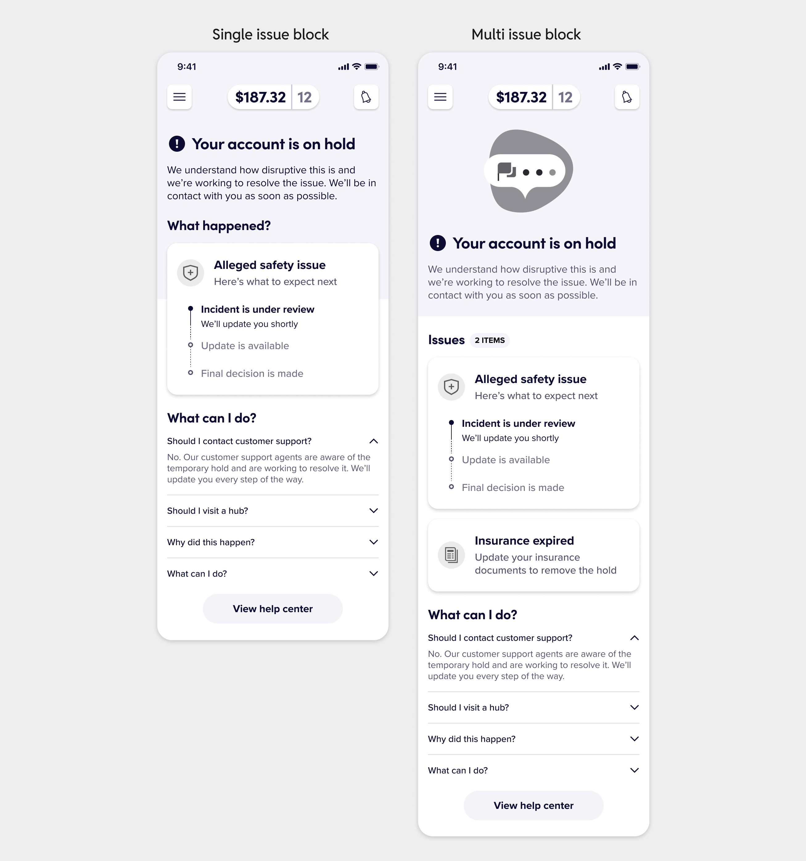 Low-fidelity wireframes showing how the full-screen takeover framework scaled to multiple issues and long lines of content